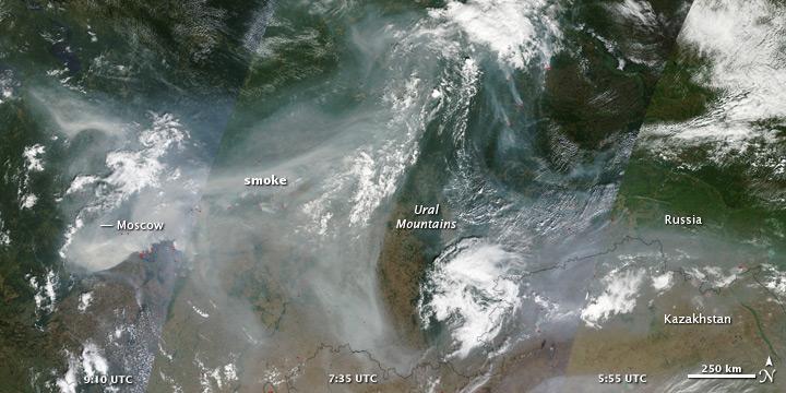 NASA image acquired August 4, 2010  Intense fires continued to rage in western Russia on August 4, 2010. Burning in dry peat bogs and forests, the fires produced a dense plume of smoke that reached across hundreds of kilometers. The Moderate Resolution Imaging Spectroradiometer (MODIS) captured this view of the fires and smoke in three consecutive overpasses on NASA’s Terra satellite. The smooth gray-brown smoke hangs over the Russian landscape, completely obscuring the ground in places. The top image provides a close view of the fires immediately southeast of Moscow, while the lower image shows the full extent of the smoke plume.  To read more about this image go to: <a href="http://earthobservatory.nasa.gov/IOTD/view.php?id=45046" rel="nofollow">earthobservatory.nasa.gov/IOTD/view.php?id=45046</a>  To view the high res go here:   NASA image courtesy Jeff Schmaltz, MODIS Rapid Response Team at NASA GSFC.   <b><a href="http://www.nasa.gov/centers/goddard/home/index.html" rel="nofollow">NASA Goddard Space Flight Center</a></b>  is home to the nation's largest organization of combined scientists, engineers and technologists that build spacecraft, instruments and new technology to study the Earth, the sun, our solar system, and the universe.  <b>Follow us on <a href="http://twitter.com/NASA_GoddardPix" rel="nofollow">Twitter</a></b>  <b>Join us on <a href="http://www.facebook.com/pages/Greenbelt-MD/NASA-Goddard/395013845897?ref=tsd" rel="nofollow">Facebook</a><b></b></b>