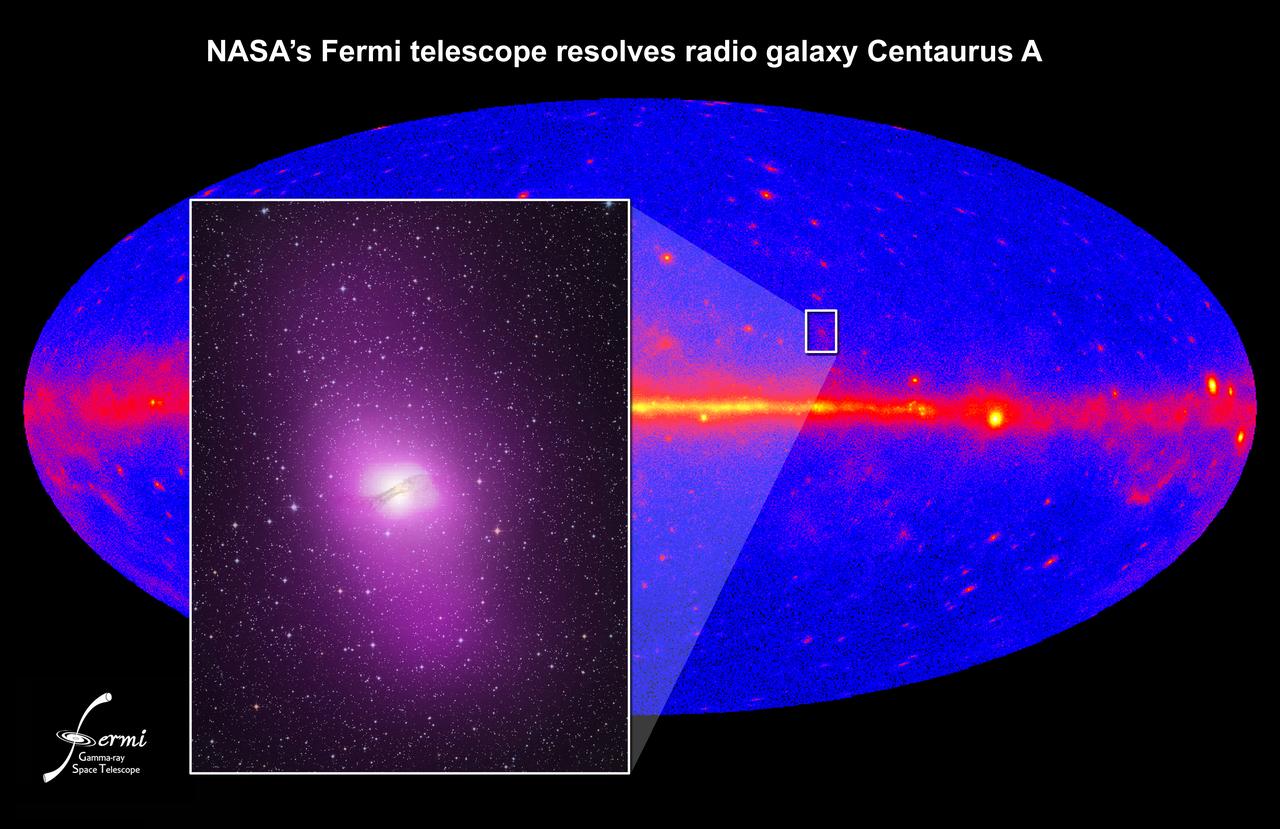 NASA release April 1, 2010  Fermi's Large Area Telescope resolved high-energy gamma rays from an extended region around the active galaxy Centaurus A. The emission corresponds to million-light-year-wide radio-emitting gas thrown out by the galaxy's supersized black hole. This inset shows an optical/gamma-ray composite of the galaxy and its location on the Fermi one-year sky map.   Credit: NASA/DOE/Fermi LAT Collaboration, Capella Observatory  To learn more about these images go to: <a href="http://www.nasa.gov/mission_pages/GLAST/news/smokestack-plumes.html" rel="nofollow">www.nasa.gov/mission_pages/GLAST/news/smokestack-plumes.html</a>  <b><a href="http://www.nasa.gov/centers/goddard/home/index.html" rel="nofollow">NASA Goddard Space Flight Center</a></b>  is home to the nation's largest organization of combined scientists, engineers and technologists that build spacecraft, instruments and new technology to study the Earth, the sun, our solar system, and the universe.