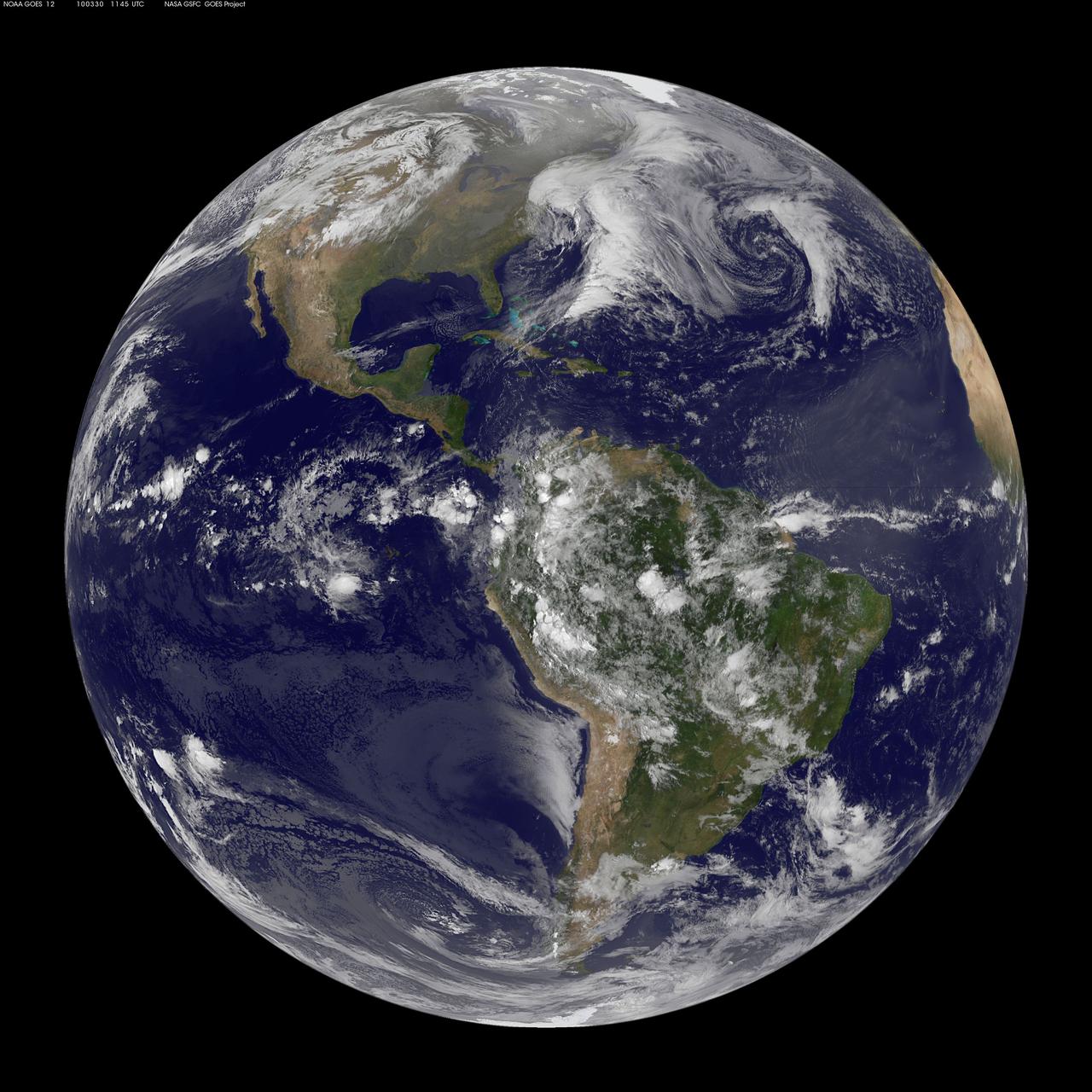 NASA GOES 12 satellite image showing earth on March 30, 2010 7:45 AM EDT. <b><a href="http://goes.gsfc.nasa.gov/" rel="nofollow">Credit: NOAA/NASA GOES Project</a><b> <b><a href="http://www.nasa.gov/centers/goddard/home/index.html" rel="nofollow">NASA Goddard Space Flight Center</a></b> is home to the nation's largest organization of combined scientists, engineers and technologists that build spacecraft, instruments and new technology to study the Earth, the sun, our solar system, and the universe. <b>Follow us on <a href="http://twitter.com/NASA_GoddardPix" rel="nofollow">Twitter</a></b> <b>Join us on <a href="http://www.facebook.com/pages/Greenbelt-MD/NASA-Goddard/395013845897?ref=tsd" rel="nofollow">Facebook</a></b></b></b>