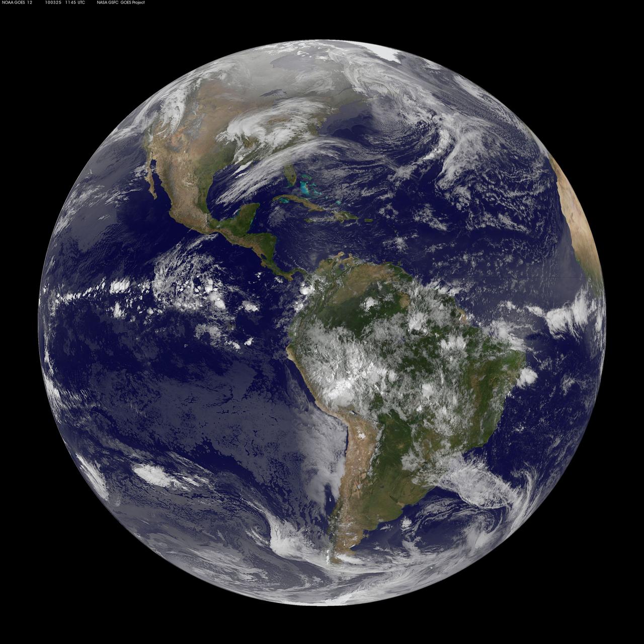 GOES 12 satellite image showing earth on March 25, 2010 6:45 AM EDT. <b><a href="http://goes.gsfc.nasa.gov/" rel="nofollow">Credit: NOAA/NASA GOES Project</a><b> <b><a href="http://www.nasa.gov/centers/goddard/home/index.html" rel="nofollow">NASA Goddard Space Flight Center</a></b> is home to the nation's largest organization of combined scientists, engineers and technologists that build spacecraft, instruments and new technology to study the Earth, the sun, our solar system, and the universe. <b>Follow us on <a href="http://twitter.com/NASA_GoddardPix" rel="nofollow">Twitter</a></b> <b>Join us on <a href="http://www.facebook.com/pages/Greenbelt-MD/NASA-Goddard/395013845897?ref=tsd" rel="nofollow">Facebook</a></b></b></b>