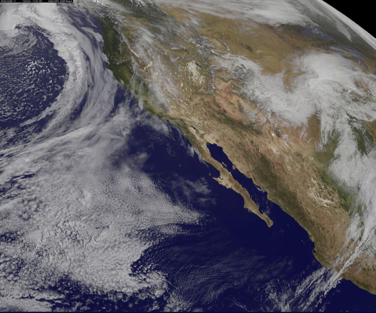 NASA GOES-11 satellite image showing the US west coast on March 24, 2010 1:45 PM EDT.  <b><a href="http://goes.gsfc.nasa.gov/" rel="nofollow">Credit: NOAA/NASA GOES Project</a><b>  <b><a href="http://www.nasa.gov/centers/goddard/home/index.html" rel="nofollow">NASA Goddard Space Flight Center</a></b>  is home to the nation's largest organization of combined scientists, engineers and technologists that build spacecraft, instruments and new technology to study the Earth, the sun, our solar system, and the universe.  <b>Follow us on <a href="http://twitter.com/NASA_GoddardPix" rel="nofollow">Twitter</a></b>  <b>Join us on <a href="http://www.facebook.com/pages/Greenbelt-MD/NASA-Goddard/395013845897?ref=tsd" rel="nofollow">Facebook</a></b></b></b>