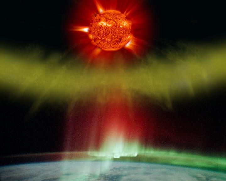 Illustration of a CME particle cloud blasted from the sun impacting Earth and creating aurora (in actual photo of aurora as taken by an astronaut on the space station).  Credit: NASA/GSFC/SOHO/ESA  To learn more go to the SOHO website:  <a href="http://sohowww.nascom.nasa.gov/home.html" rel="nofollow">sohowww.nascom.nasa.gov/home.html</a>  To learn more about NASA's Sun Earth Day go here:  <a href="http://sunearthday.nasa.gov/2010/index.php" rel="nofollow">sunearthday.nasa.gov/2010/index.php</a>