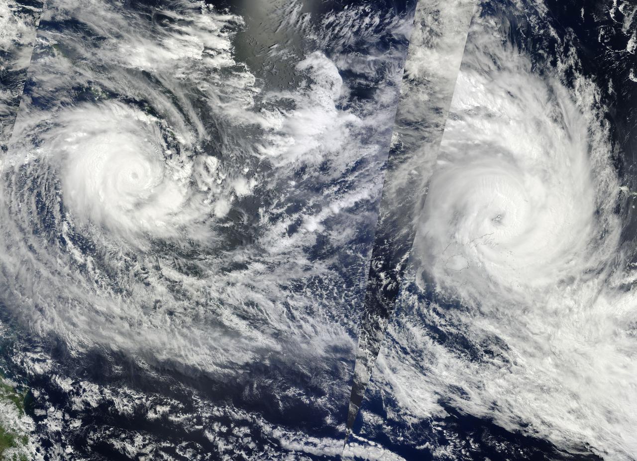 NASA Image acquired March 14 - 15, 2010  Two fierce tropical cyclones raged over the South Pacific Ocean in mid-March 2010, the U.S. Navy’s Joint Typhoon Warning Center (JTWC) reported. Over the Solomon Islands, Tropical Cyclone Ului had maximum sustained winds of 130 knots (240 kilometers per hour, 150 miles per hour) and gusts up to 160 knots (300 km/hr, 180 mph). Over Fiji, Tropical Cyclone Tomas had maximum sustained winds of 115 knots (215 km/hr, 132 mph) and gusts up to 140 knots (260 km/hr, 160 mph).  The Moderate Resolution Imaging Spectroradiometer (MODIS) on NASA’s Terra and Aqua satellites captured both storms in multiple passes over the South Pacific on March 15, 2010, local time. The majority of the image is from the morning of March 15 (late March 14, UTC time) as seen by MODIS on the Terra satellite, with the right portion of the image having been acquired earliest. The wedge-shaped area right of center is from Aqua MODIS, and it was taken in the early afternoon of March 15 (local time).  Although it packs less powerful winds, according to the JTWC, Tomas stretches across a larger area. It was moving over the northern Fiji islands when Terra MODIS captured the right portion of the image. According to early reports, Tomas forced more than 5,000 people from their homes while the islands sustained damage to crops and buildings.  The JTWC reported that Tomas had traveled slowly toward the south and was passing over an area of high sea surface temperatures. (Warm seas provide energy for cyclones.) This storm was expected to intensify before transitioning to an extratropical storm.  Ului is more compact and more powerful. A few hours before this image was taken, the storm had been an extremely dangerous Category 5 cyclone with sustained winds of 140 knots (260 km/hr, 160 mph). Ului degraded slightly before dealing the southern Solomon Islands a glancing blow. Initial news reports say that homes were damaged on the islands, but no one was injured.  Like Tomas, Ului had been moving westward over an area of high sea surface temperatures. This storm was expected to continue moving westward before turning south and eventually weakening.  The high-resolution image provided above is at 500 meters per pixel. The MODIS Rapid Response System provides this image at additional resolutions.  NASA image by Jeff Schmaltz, MODIS Rapid Response Team, Goddard Space Flight Center. Caption by Michon Scott and Holli Riebeek.  Instrument:  Terra - MODIS  To learn more about this image go here:  <a href="http://earthobservatory.nasa.gov/IOTD/view.php?id=43154." rel="nofollow">earthobservatory.nasa.gov/IOTD/view.php?id=43154.</a>.