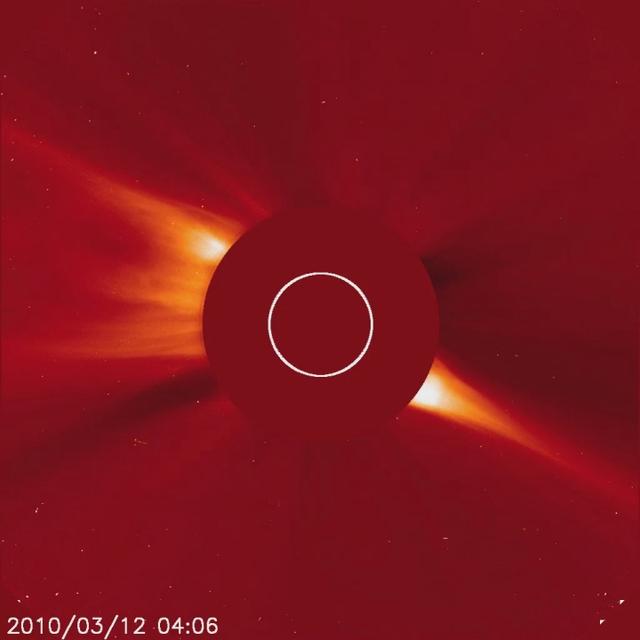 Captured March 12, 2010  The SOHO spacecraft captured a very bright, sungrazing comet as it rocketed towards the Sun (Mar. 12, 2010) and was vaporized. This comet is arguably the brightest comet that SOHO has observed since Comet McNaught in early 2007. The comet is believed to belong to the Kreutz family of comets that broke up from a much larger comet many hundreds of years ago. They are known to orbit close to the Sun. A coronal mass ejection (CME) burst away from the Sun during the bright comet’s approach.  Interestingly, a much smaller comet that preceded this one can be seen about half a day earlier on just about the identical route. And another pair of small comets followed the same track into the Sun after the bright one. Such a string of comets has never been witnessed before by SOHO. SOHO's C3 coronagraph instrument blocks out the Sun with an occulting disk; the white circle represents the size of the Sun. The planet Mercury can also be seen moving from left to right just beneath the Sun.  To learn more and to download the video and still images go here:  <a href="http://sohowww.nascom.nasa.gov/pickoftheweek/old/15mar2010/" rel="nofollow">sohowww.nascom.nasa.gov/pickoftheweek/old/15mar2010/</a>  Credit: NASA/GSFC/SOHO