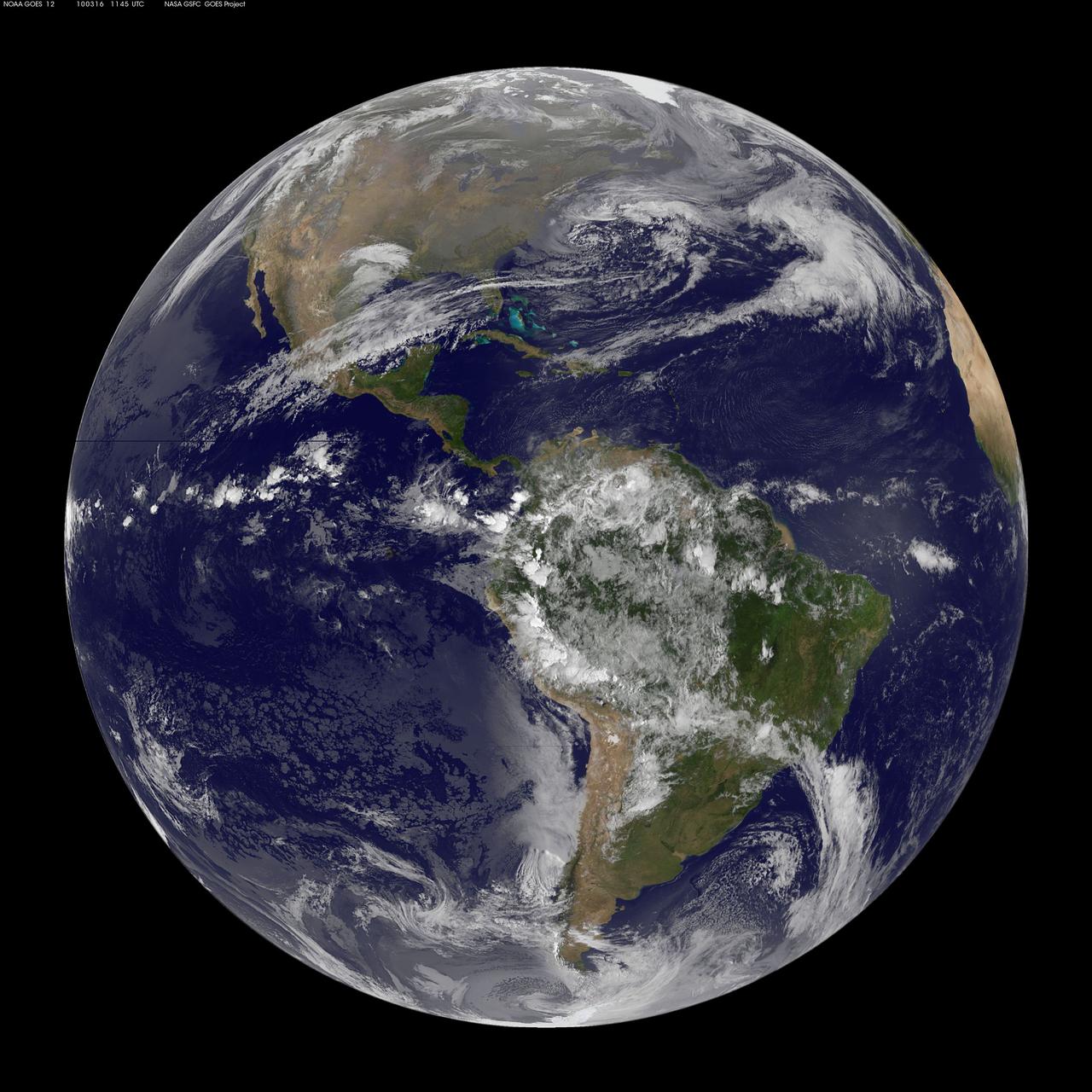 GOES 12 satellite image showing earth on March 16, 2010 6:45 AM EDT. <b><a href="http://goes.gsfc.nasa.gov/" rel="nofollow">Credit: NOAA/NASA GOES Project</a><b> <b><a href="http://www.nasa.gov/centers/goddard/home/index.html" rel="nofollow">NASA Goddard Space Flight Center</a></b> is home to the nation's largest organization of combined scientists, engineers and technologists that build spacecraft, instruments and new technology to study the Earth, the sun, our solar system, and the universe. <b>Follow us on <a href="http://twitter.com/NASA_GoddardPix" rel="nofollow">Twitter</a></b> <b>Join us on <a href="http://www.facebook.com/pages/Greenbelt-MD/NASA-Goddard/395013845897?ref=tsd" rel="nofollow">Facebook</a></b></b></b>