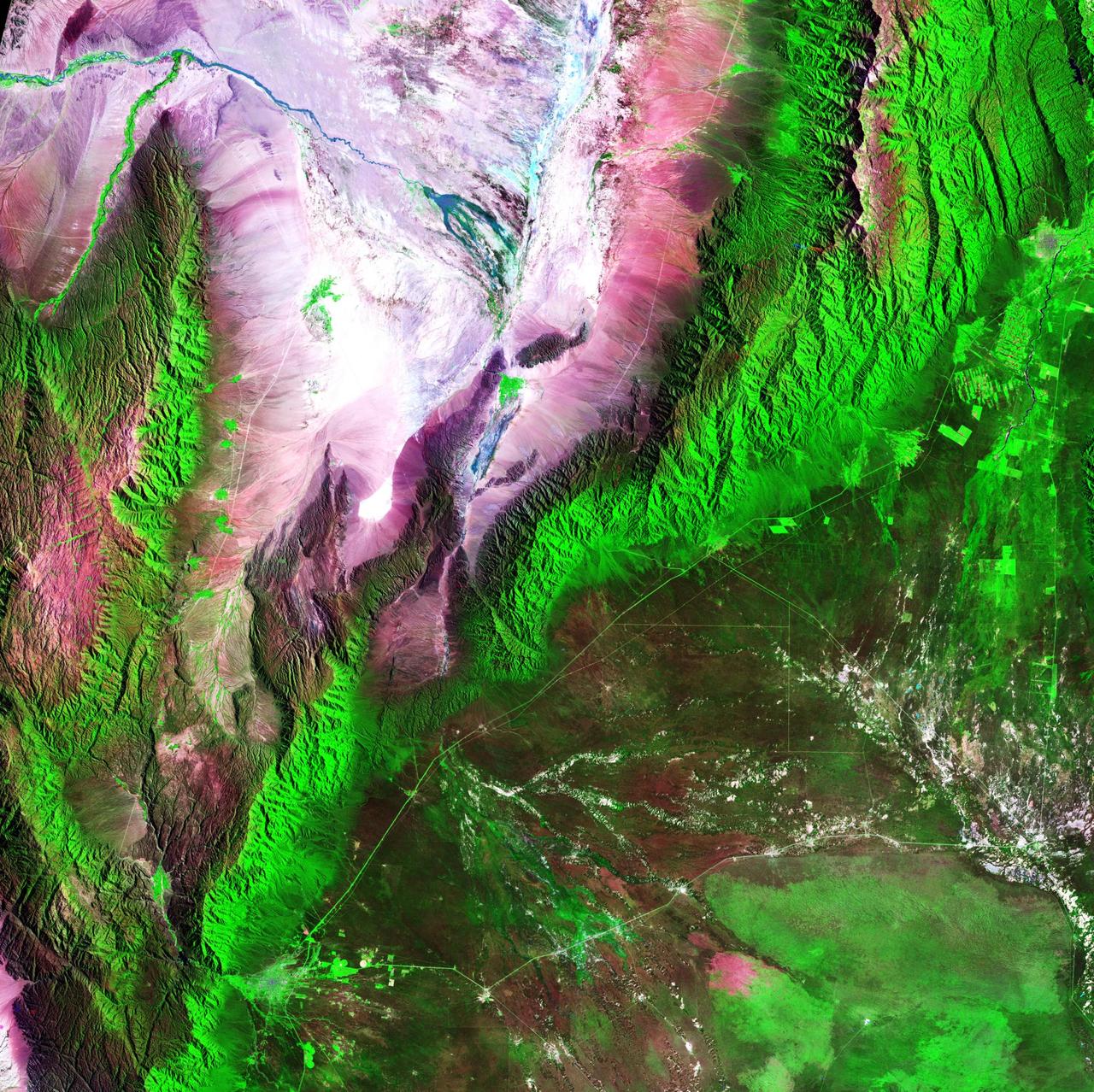 Acquisition Date: February 28, 1985  The Sierra de Velasco Mountains dominate this image in northern Argentina. The Catamarca province is in the northern part of the image, and the La Rioja province is to the south. The streams are fed by runoff from the snow in the Andes Mountains to the north. These intermittent streams can dry up rapidly. The larger urban area near the bottom of the image is La Rioja, the capital of the province of La Rioja.   Credit:  NASA/GSFC/Landsat/USGS  To learn more about Landsat and to see the orginal high res file go to:  <a href="http://landsat.usgs.gov/gallery_view.php?category=greenflag&amp;thesort=mainTitle" rel="nofollow">landsat.usgs.gov/gallery_view.php?category=greenflag&amp;...</a>