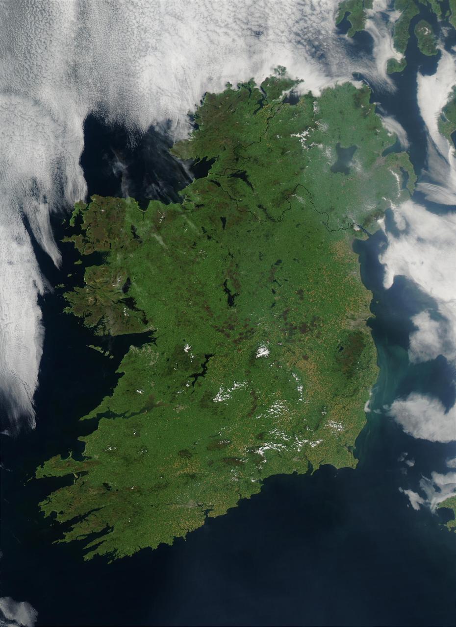 On August 7, 2003, the NASA Aqua MODIS instrument acquired this image of Ireland on the first day this summer that most of the island hasn´t been completely obscured by cloud cover. Called the Emerald Isle for a good reason, Ireland is draped in vibrant shades of green amidst the blue Atlantic Ocean and Celtic (south) and Irish (east) Seas. Faint ribbons of blue-green phytoplankton drift in the waters of the Celtic Sea, just south of Dublin.  Dublin itself appears as a large grayish-brown spot on the Republic of Ireland´s northeastern coast. This large capital city (population 1.12 million) sits on the River Liffey, effectively splitting the city in half. Northern Ireland´s capital city, Belfast, also sits on a river: the River Lagan. This city, though its population is only a fifth of the size of Dublin´s, is also clearly visible in the image as a grayish-brown spot on the coast of the Irish Sea.  Sensor Aqua/MODIS  Credit Jeff Schmaltz, MODIS Rapid Response Team, NASA/GSFC   For more information go to:  <a href="http://visibleearth.nasa.gov/view_rec.php?id=5744" rel="nofollow">visibleearth.nasa.gov/view_rec.php?id=5744</a>   <b><a href="http://www.nasa.gov/centers/goddard/home/index.html" rel="nofollow">NASA Goddard Space Flight Center</a></b>  is home to the nation's largest organization of combined scientists, engineers and technologists that build spacecraft, instruments and new technology to study the Earth, the sun, our solar system, and the universe.  <b>Follow us on <a href="http://twitter.com/NASAGoddardPix" rel="nofollow">Twitter</a></b>  <b>Join us on <a href="http://www.facebook.com/pages/Greenbelt-MD/NASA-Goddard/395013845897?ref=tsd" rel="nofollow">Facebook</a><b> </b></b>