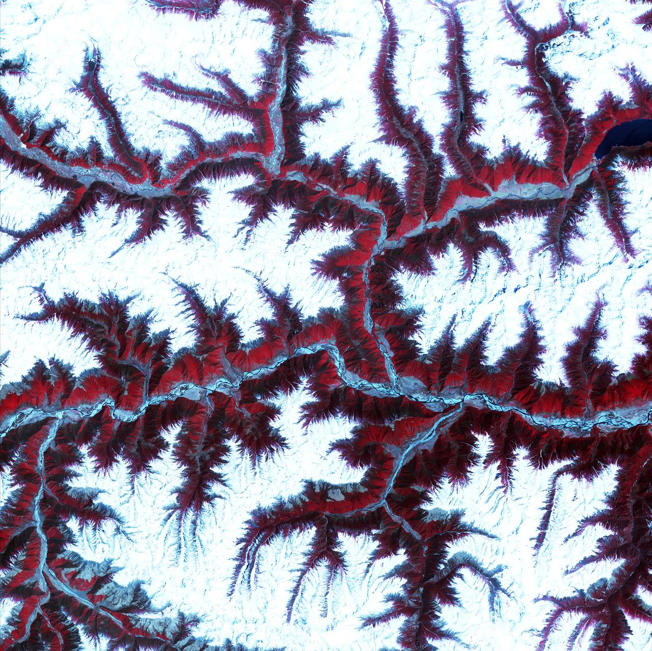 April 12th, 2001: Description: Soaring, snow-capped peaks and ridges of the eastern Himalaya Mountains create an irregular white-on-red patchwork between major rivers in southwestern China. The Himalayas are made up of three parallel mountain ranges that together extend more than 2,900 kilometers. Source: ASTER To learn more about the Landsat satellite go to: <a href="http://landsat.gsfc.nasa.gov/" rel="nofollow">landsat.gsfc.nasa.gov/</a>