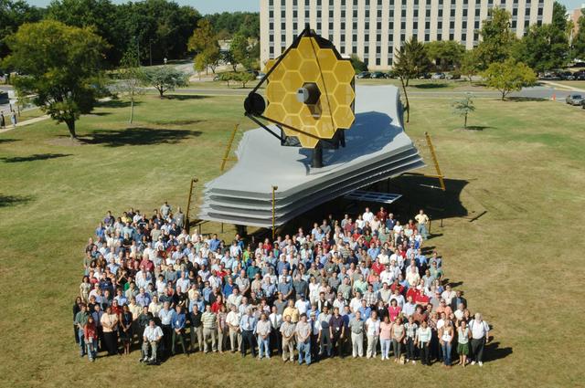 JWST Full-Scale Model on Display.  A full-scale model of the James Webb Space Telescope was built by the prime contractor, Northrop Grumman, to provide a better understanding of the size, scale and complexity of this satellite. The model is constructed mainly of aluminum and steel, weighs 12,000 lb., and is approximately 80 feet long, 40 feet wide and 40 feet tall. The model requires 2 trucks to ship it and assembly takes a crew of 12 approximately four days. This model has travelled to a few sites since 2005. The photographs below were taken at some of its destinations.   The model is pictured here in Greenbelt, MD at the NASA Goddard Space Flight Center.  Credit: NASA/Goddard Space Flight Center/Pat Izzo