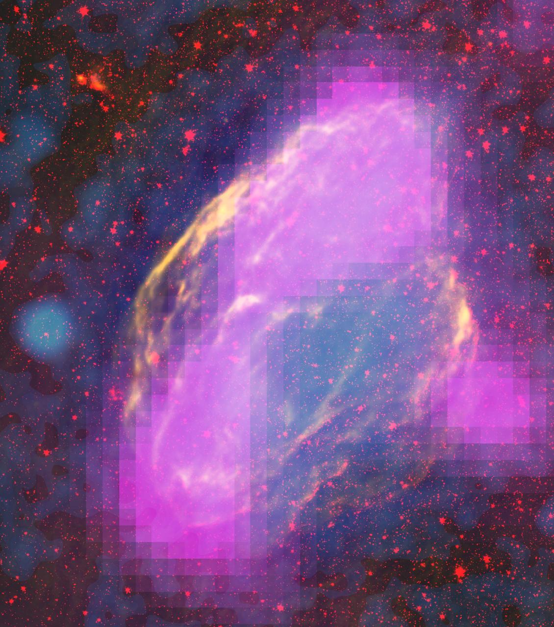 NASA's Fermi Closes on Source of Cosmic Rays  New images from NASA's Fermi Gamma-ray Space Telescope show where supernova remnants emit radiation a billion times more energetic than visible light. The images bring astronomers a step closer to understanding the source of some of the universe's most energetic particles -- cosmic rays.  Fermi mapped GeV-gamma-ray emission regions (magenta) in the W44 supernova remnant. The features clearly align with filaments detectable in other wavelengths. This composite merges X-rays (blue) from the Germany-led ROSAT mission, infrared (red) from NASA's Spitzer Space Telescope, and radio (orange) from the Very Large Array near Socorro, N.M.   Credit: NASA/DOE/Fermi LAT Collaboration, ROSAT, JPL-Caltech, and NRAO/AUI  For more information:  <a href="http://www.nasa.gov/mission_pages/GLAST/news/cosmic-rays-source.html" rel="nofollow">www.nasa.gov/mission_pages/GLAST/news/cosmic-rays-source....</a>