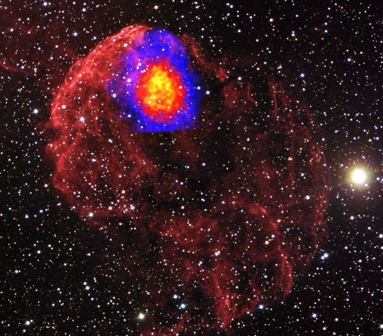 Suzaku Finds &quot;Fossil&quot; Fireballs from Supernovae  In a supernova remnant known as the Jellyfish Nebula, Suzaku detected X-rays from fully ionized silicon and sulfur -- an imprint of higher-temperature conditions immediately following the star's explosion. The nebula is about 65 light-years across.  (12/30/2009)  Credit: JAXA/NASA/Suzaku  To learn more go to:  <a href="http://www.nasa.gov/mission_pages/astro-e2/news/fossil-fireballs.html" rel="nofollow">www.nasa.gov/mission_pages/astro-e2/news/fossil-fireballs...</a>