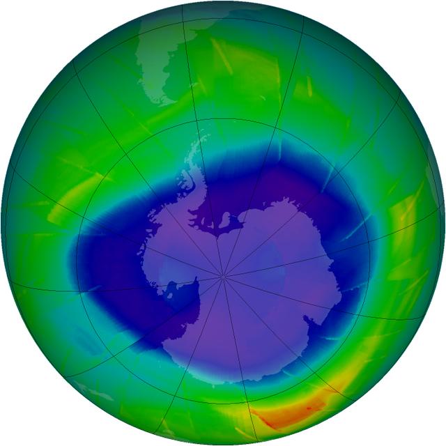 The annual ozone hole has started developing over the South Pole, and it appears that it will be comparable to ozone depletions over the past decade. This composite image from September 10 depicts ozone concentrations in Dobson units, with purple and blues depicting severe deficits of ozone.  &quot;We have observed the ozone hole again in 2009, and it appears to be pretty average so far,&quot; said ozone researcher Paul Newman of NASA's Goddard Space Flight Center in Greenbelt, Md. &quot;However, we won't know for another four weeks how this year's ozone hole will fully develop.&quot;  Scientists are tracking the size and depth of the ozone hole with observations from the Ozone Monitoring Instrument on NASA's Aura spacecraft, the Global Ozone Monitoring Experiment on the European Space Agency's ERS-2 spacecraft, and the Solar Backscatter Ultraviolet instrument on the National Oceanic and Atmospheric Administration's NOAA-16 satellite.  The depth and area of the ozone hole are governed by the amount of chlorine and bromine in the Antarctic stratosphere. Over the southern winter, polar stratospheric clouds (PSCs) form in the extreme cold of the atmosphere, and chlorine gases react on the cloud particles to release chlorine into a form that can easily destroy ozone. When the sun rises in August after months of seasonal polar darkness, the sunlight heats the clouds and catalyzes the chemical reactions that deplete the ozone layer. The ozone hole begins to grow in August and reaches its largest area in late September to early October.  Recent observations and several studies have shown that the size of the annual ozone hole has stabilized and the level of ozone-depleting substances has decreased by 4 percent since 2001. But since chlorine and bromine compounds have long lifetimes in the atmosphere, a recovery of atmospheric ozone is not likely to be noticeable until 2020 or later.  Visit NASA's Ozone Watch page for current imagery and data: <a href="http://ozonewatch.gsfc.nasa.gov/index.html" rel="nofollow">ozonewatch.gsfc.nasa.gov/index.html</a>