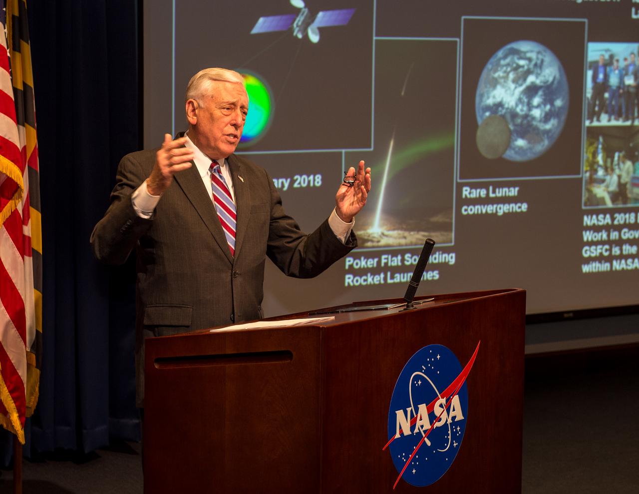 Representative Steny Hoyer visits Goddard Space Flight Center and participates in a Town Hall and visits the imprint of dinosaur tracks found on the grounds of the Center.