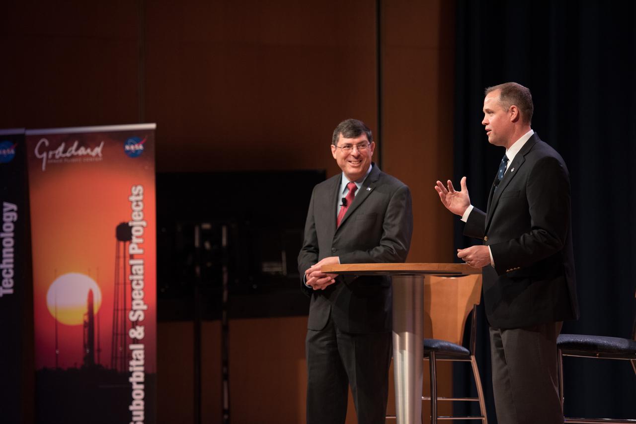 NASA Administrator Jim Bridenstine is greeted by Goddard  Space Flight Center Director Chris Scolese as he arrives for his first visit to the NASA field center in Greenbelt, Maryland. During his visit, Bridenenstine met with senior staff, saw Goddard test facilities and mission operation control rooms and held an agency-wide session with students as part of National Intern Day.