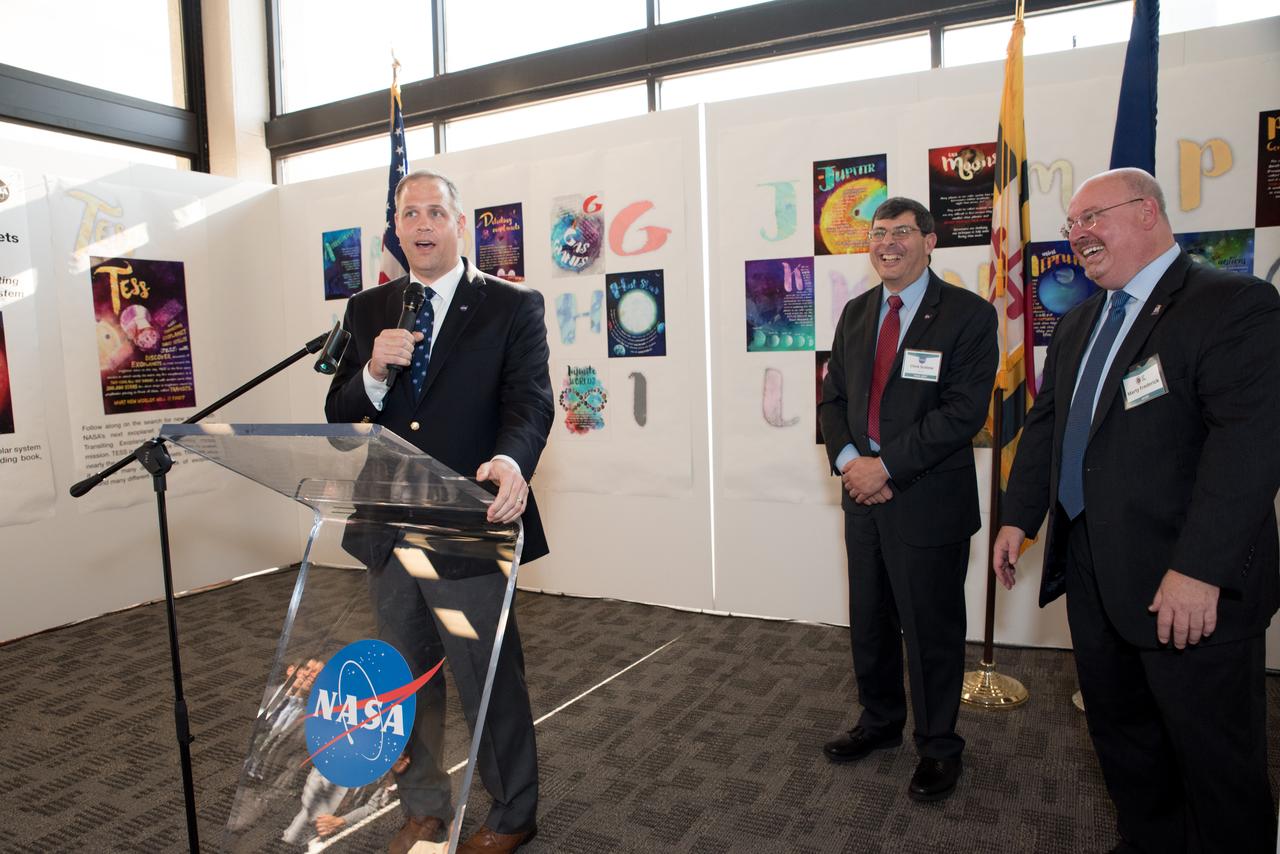 NASA Administrator Jim Bridenstine is greeted by Goddard  Space Flight Center Director Chris Scolese as he arrives for his first visit to the NASA field center in Greenbelt, Maryland. Evening Reception Hosted by Maryland Space Business Roundtable