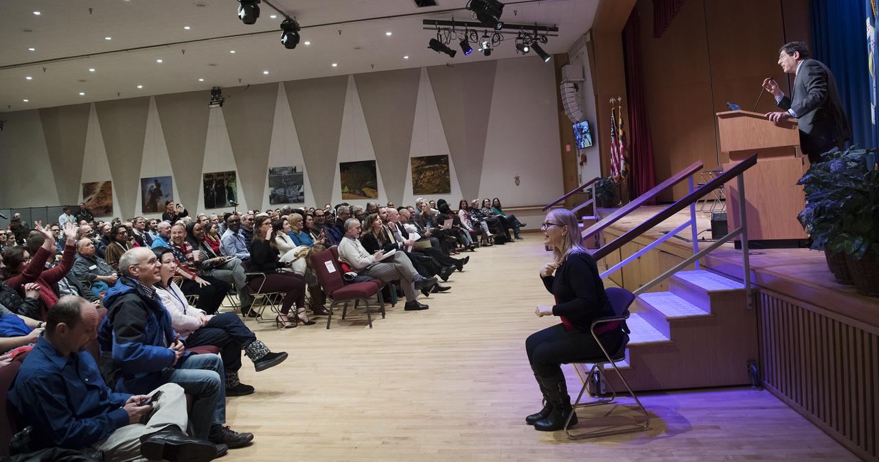 Center Director Chris Scolese addresses Goddard employees at All Hands meeting on January 28, 2019 after longest shutdown in history lasting 35 days.