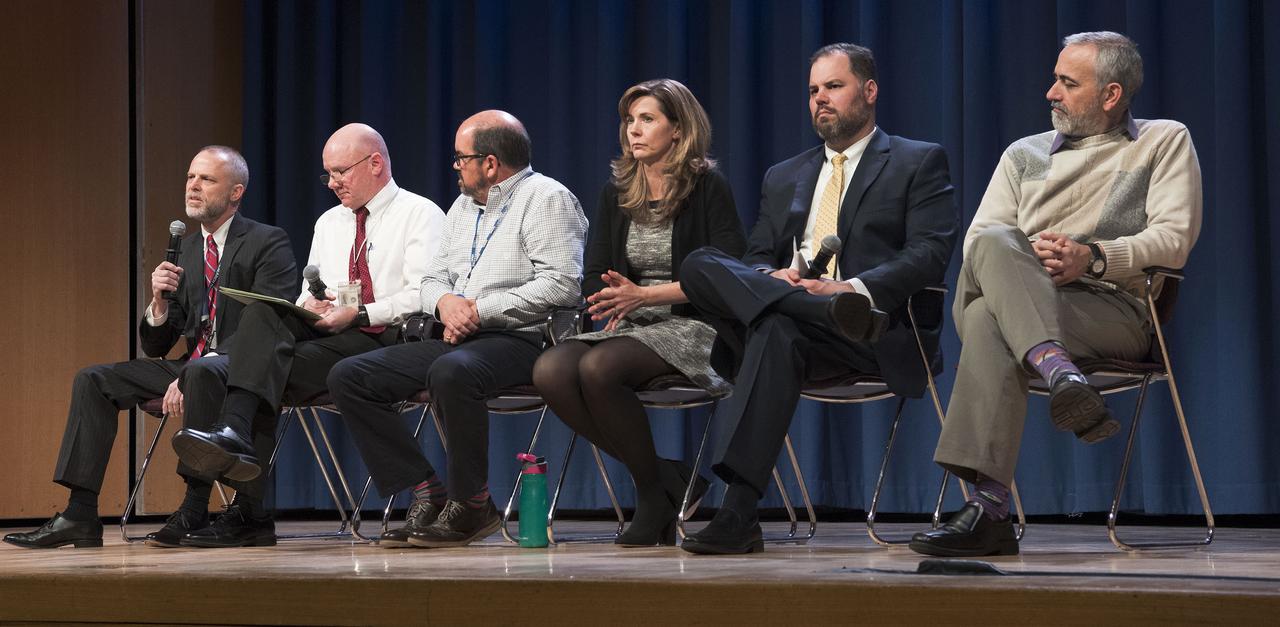 IT Code 700 panel member answers question at All Hands for Goddard employees on January 28, 2019 first day at work after 35 day shutdown  Panel members were on hand to answer questions: Roger Clason, Mike McGrath, Rich Barney, Crystal Gayhart, Stephen Shinn and Ray Rubilotta.
