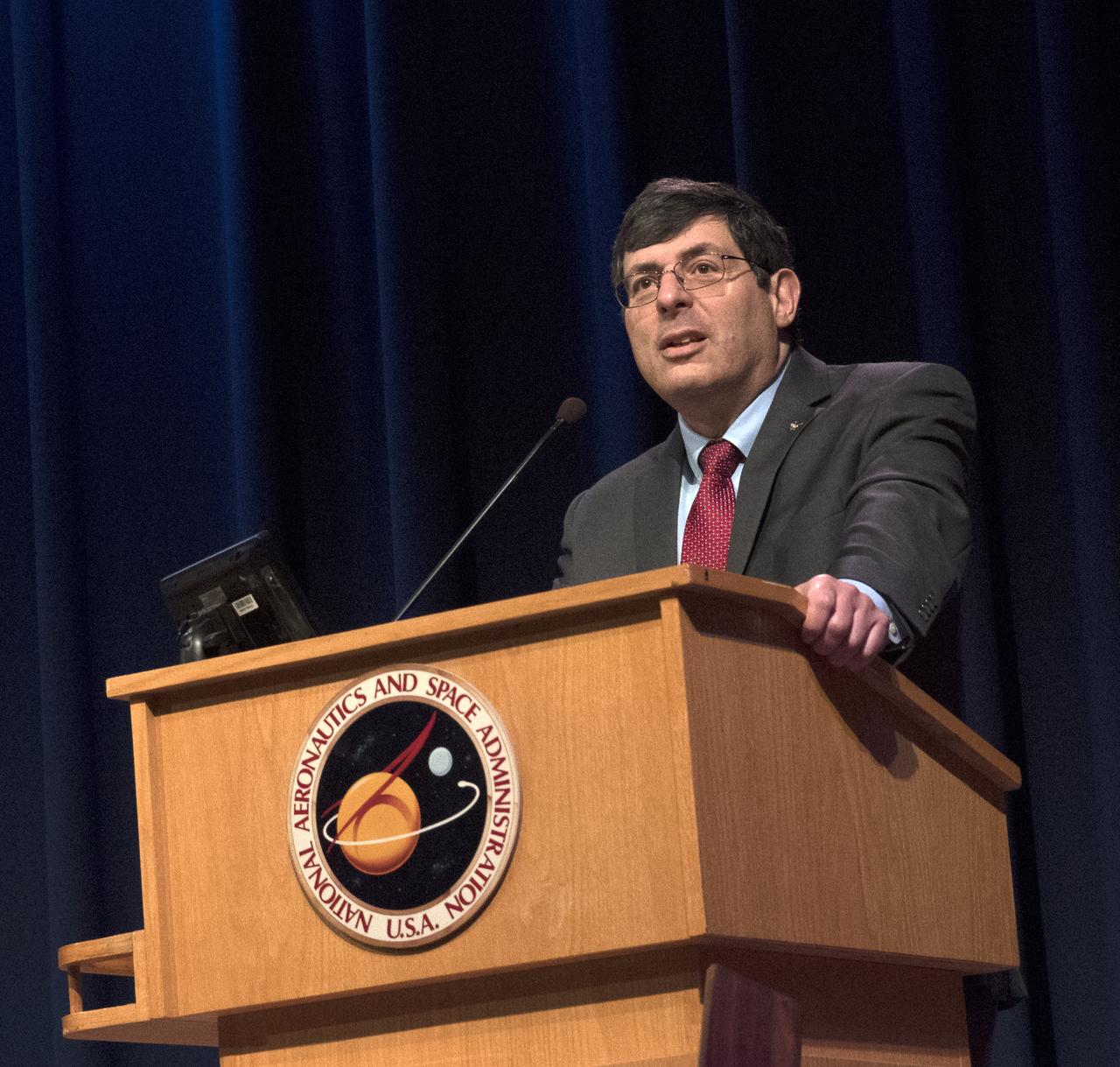 Center Director Chris Scolese gives All Hands talk to Goddard employees on first day of work after longest government shutdown in history 35 days.