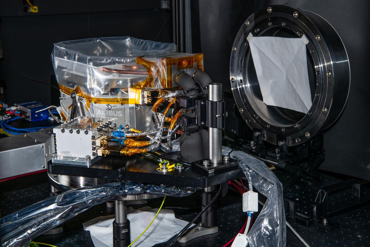 The SPEXone instrument undergoes comprehensive performace and calibration testing at NASA's Goddard Space Flight Center in Greenbelt,Maryland on April 8th, 2021. SPEXone is one of three instruments on NASA's Plankton, Aerosol, Cloud, ocean Ecosystem (PACE) observatory and has been developed by a Dutch consortium consisting of SRON Netherlands Institute for Space Research and Airbus Defence and Space Netherlands, supported by opto-mechanical expertise from TNO. SRON and Airbus DS NL are responsible for the design, manufacturing and testing of the instrument. The scientific lead is in the hands of SRON. SPEXone is a public-private initiative, funded by the Netherlands Space Office (NSO), the Netherlands Organization of Scientific Research (NWO), SRON and Airbus DS NL.