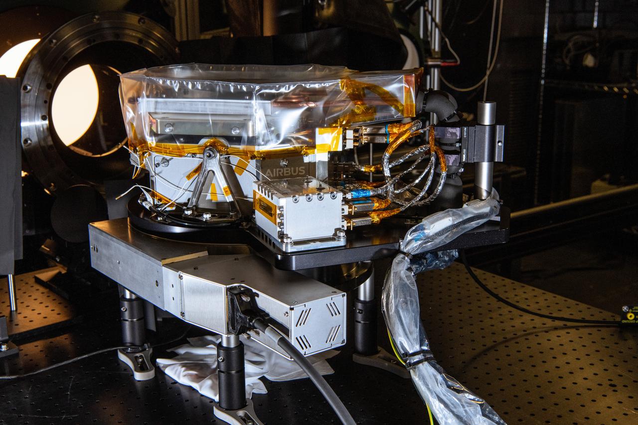 The SPEXone instrument undergoes Polarimetric Calibration at NASA's Goddard Space Flight Center in Greenbelt,Maryland on April 8th, 2021. SPEXone is one of three instruments on NASA's Plankton, Aerosol, Cloud, ocean Ecosystem (PACE) observatory and has been developed by a Dutch consortium consisting of SRON Netherlands Institute for Space Research and Airbus Defence and Space Netherlands, supported by opto-mechanical expertise from TNO. SRON and Airbus DS NL are responsible for the design, manufacturing and testing of the instrument. The scientific lead is in the hands of SRON. SPEXone is a public-private initiative, funded by the Netherlands Space Office (NSO), the Netherlands Organization of Scientific Research (NWO), SRON and Airbus DS NL.