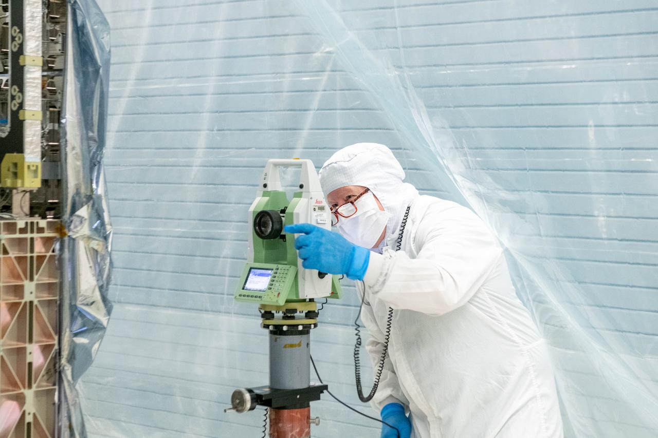 Optical technician, Timothy Madison, uses a theodolite to perform optical measurements on the Ocean Color Instrument (OCI). As he collects data and measures angles on OCI, he is able to determine if the newly integrated flight hardware is in the correct position.  OCI is a highly advanced optical spectrometer that will be used to measure properties of light over portions of the electromagnetic spectrum. It will enable continuous measurement of light at finer wavelength resolution than previous NASA satellite sensors, extending key system ocean color data records for climate studies. OCI is PACE's (Plankton, Aerosol, Cloud, ocean Ecosystem) primary sensor built at Goddard Space Flight Center in Greenbelt, MD.