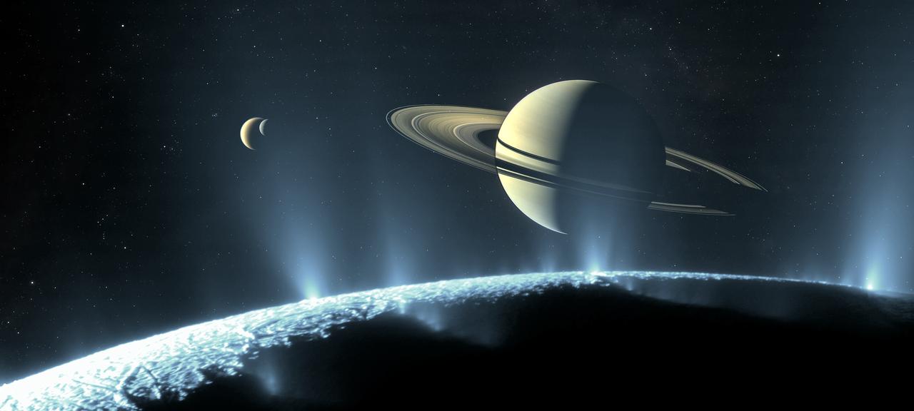 Saturn has long inspired astronomers, from Galileo’s first glimpse of its rings in 1610 to the last pictures taken by the Cassini spacecraft as it descended toward the planet’s atmosphere in 2017. But after four centuries of observing Saturn with telescopes, robotic flybys and orbiters, what might it look like to visit in person and witness the jewel of the solar system rising above one of its many natural satellites? Here we imagine the scene. Gazing over the south pole of the small moon Enceladus, geysers burst forth from cracks in the ice, scattering sunlight and forming a luminous veil around Saturn. In the distance, the large moons Rhea (right) and Titan (left) make their rounds of the gas giant’s far side. These bodies were discovered in the 17th century by astronomers Giovanni Domenico Cassini and Christiaan Huygens – the namesakes of the Cassini-Huygens mission, which explored the Saturn system from 2004 to 2017. The wealth of data and imagery returned by Cassini-Huygens vastly improved our understanding of the ringed planet and paved the way for future exploration.