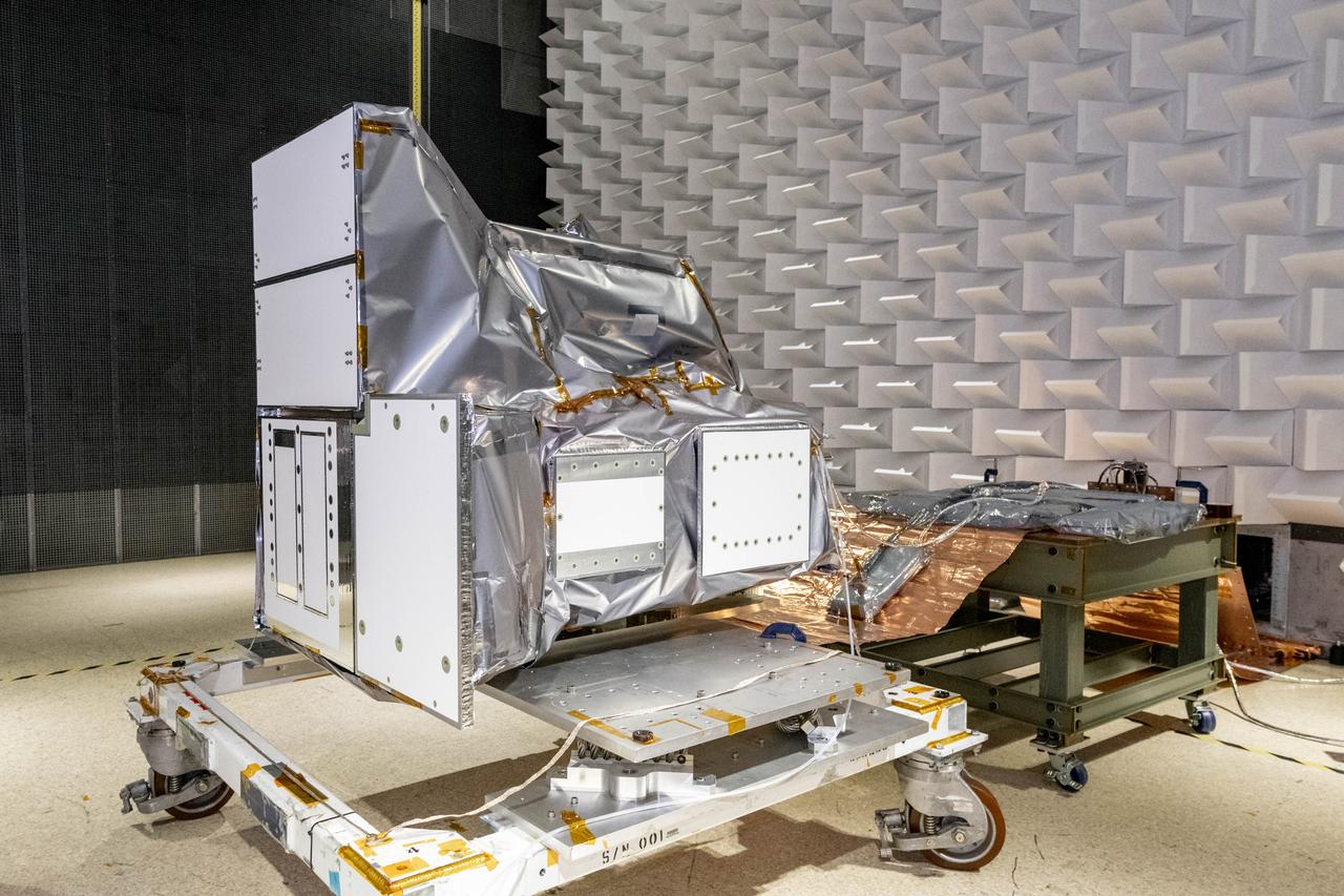 The Ocean Color Instrument (OCI) is prepared for testing in the Electro Magnetic Interference (EMI) chamber showing the radiator side of the instrument. This test will help engineers and scientists learn if OCI will be compatible with the electromagnetic environment on the spacecraft.  OCI is a highly advanced optical spectrometer that will be used to measure properties of light over portions of the electromagnetic spectrum. It will enable continuous measurement of light at finer wavelength resolution than previous NASA satellite sensors, extending key system ocean color data records for climate studies. OCI is PACE's (Plankton, Aerosol, Cloud, ocean Ecosystem) primary sensor built at Goddard Space Flight Center in Greenbelt, MD.