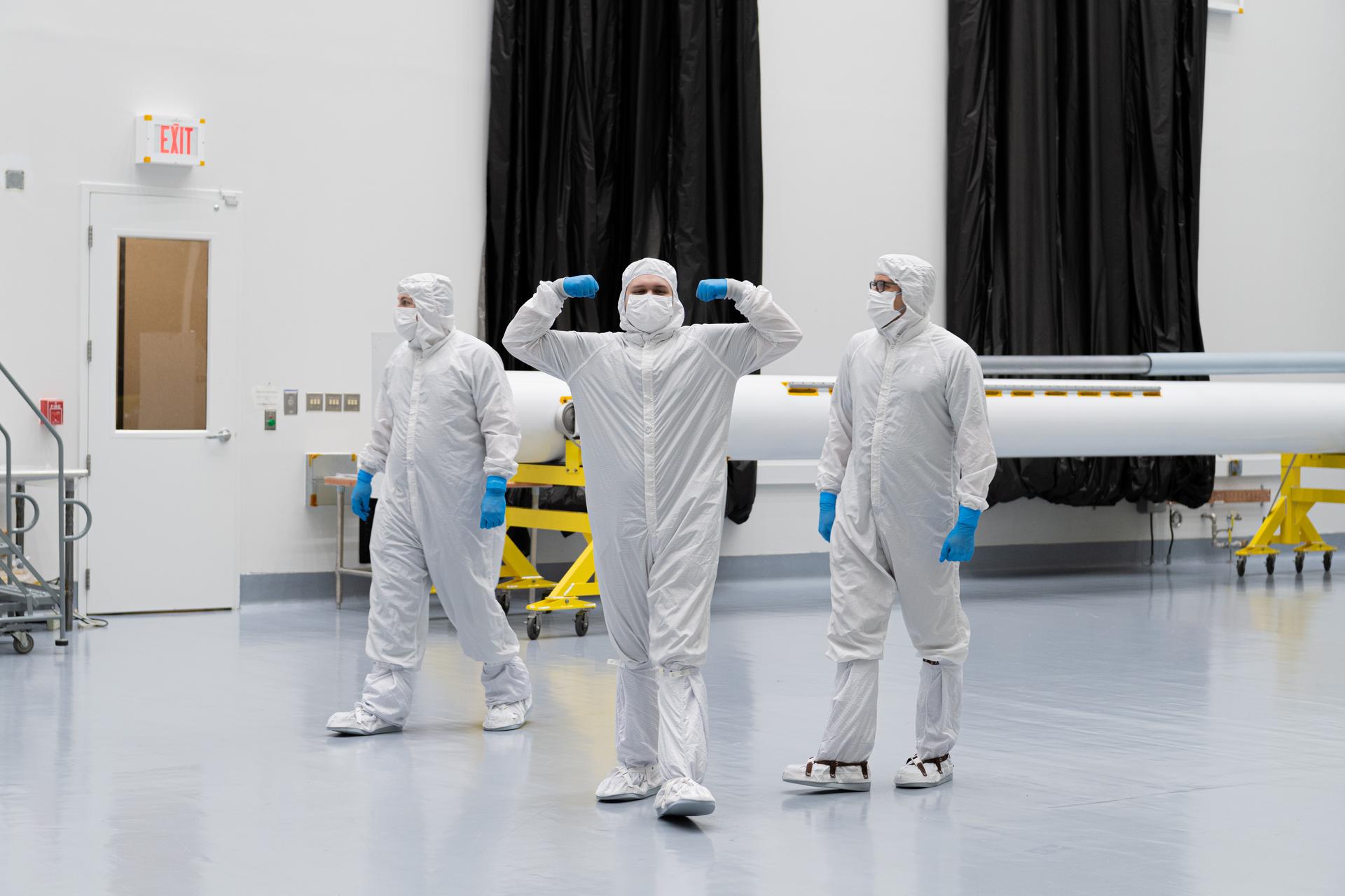 Lucas Keim, a mechanical engineering and integration technician, flexes after helping move ground support equipment into a cleanroom at Goddard Space Flight Center, Greenbelt, Md., Feb 20, 2023.