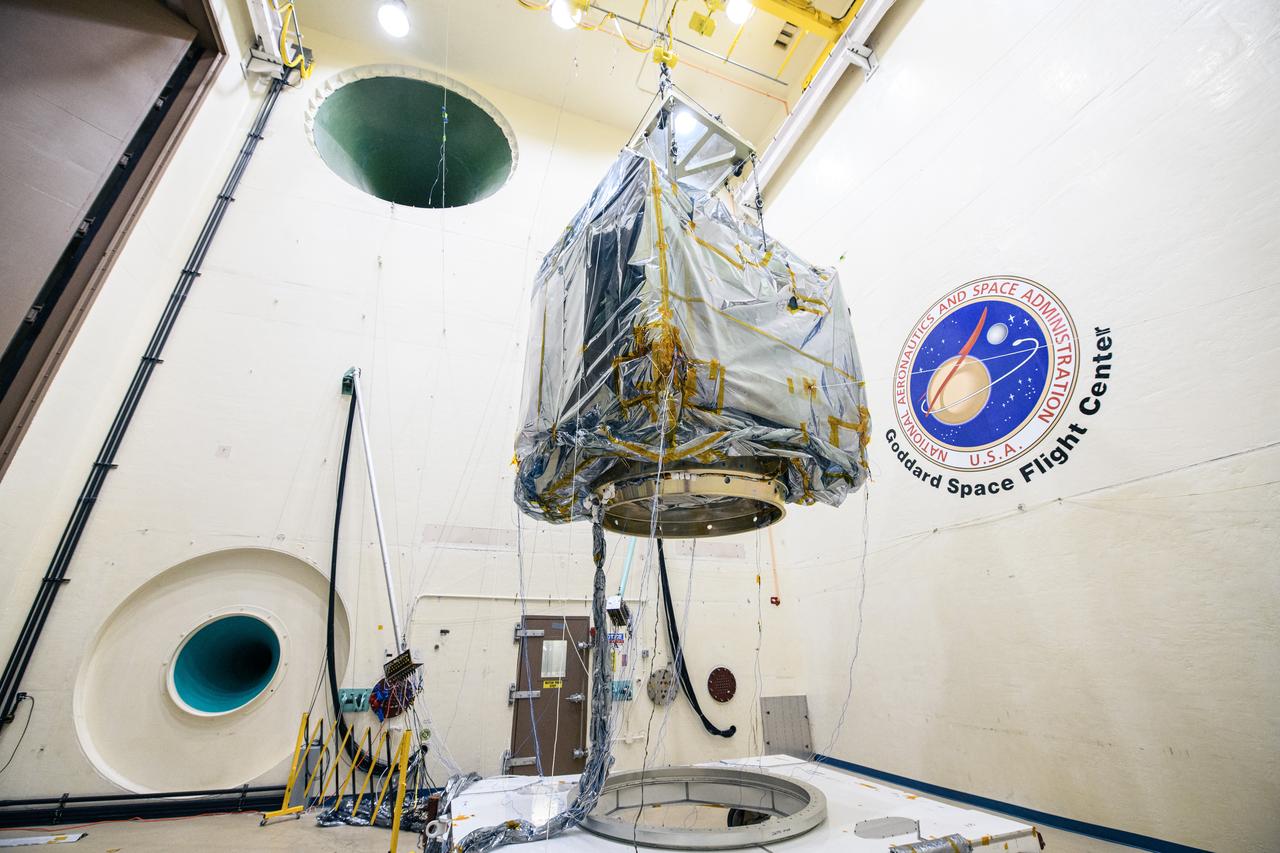 The Plankton, Aerosol, Cloud, ocean Ecosystem (PACE) observatory suspended for acoustic testing in the acoustic test facility at NASA's Goddard Space Flight Center in Greenbelt, Maryland on April 17th, 2023.    PACE's unprecedented spectral coverage will provide the first-ever global measurements designed to identify phytoplankton community composition. The mission will make global ocean color measurements, using the Ocean Color Instrument (OCI), to provide extended data records on ocean ecology and global biogeochemistry along with polarimetry measurements, using the Spectro-polarimeter for Planetary Exploration (SPEXone) and the Hyper Angular Research Polarimeter (HARP2) to provide extended data records on clouds and aerosols. The Earth-observing satellite mission, built at Goddard Space Flight Center in Greenbelt, MD, will continue and advance observations of global ocean color, biogeochemistry, and ecology, as well as the carbon cycle, aerosols and clouds.