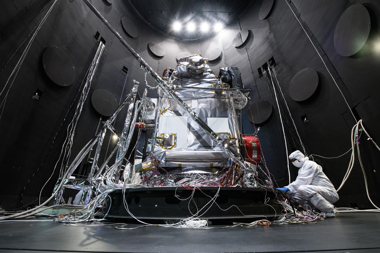 The Plankton, Aerosol, Cloud, ocean Ecosystem (PACE) Observatory inside the Space Environment Simulator (SES) thermal vacuuum chamber before thermal environmental testing at NASA's Goddard Space Flight Center in Greenbelt, Maryland on June 16th, 2023.   PACE's unprecedented spectral coverage will provide the first-ever global measurements designed to identify phytoplankton community composition. The mission will make global ocean color measurements, using the Ocean Color Instrument (OCI), to provide extended data records on ocean ecology and global biogeochemistry along with polarimetry measurements, using the Spectro-polarimeter for Planetary Exploration (SPEXone) and the Hyper Angular Research Polarimeter (HARP2) to provide extended data records on clouds and aerosols. The Earth-observing satellite mission, built at Goddard Space Flight Center in Greenbelt, MD, will continue and advance observations of global ocean color, biogeochemistry, and ecology, as well as the carbon cycle, aerosols and clouds. 