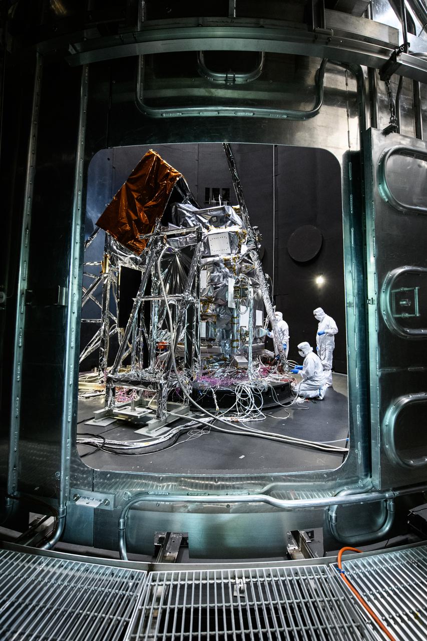 The Plankton, Aerosol, Cloud, ocean Ecosystem (PACE) Observatory inside the Space Environment Simulator (SES) thermal vacuuum chamber before thermal environmental testing at NASA's Goddard Space Flight Center in Greenbelt, Maryland on June 16th, 2023.   PACE's unprecedented spectral coverage will provide the first-ever global measurements designed to identify phytoplankton community composition. The mission will make global ocean color measurements, using the Ocean Color Instrument (OCI), to provide extended data records on ocean ecology and global biogeochemistry along with polarimetry measurements, using the Spectro-polarimeter for Planetary Exploration (SPEXone) and the Hyper Angular Research Polarimeter (HARP2) to provide extended data records on clouds and aerosols. The Earth-observing satellite mission, built at Goddard Space Flight Center in Greenbelt, MD, will continue and advance observations of global ocean color, biogeochemistry, and ecology, as well as the carbon cycle, aerosols and clouds. 
