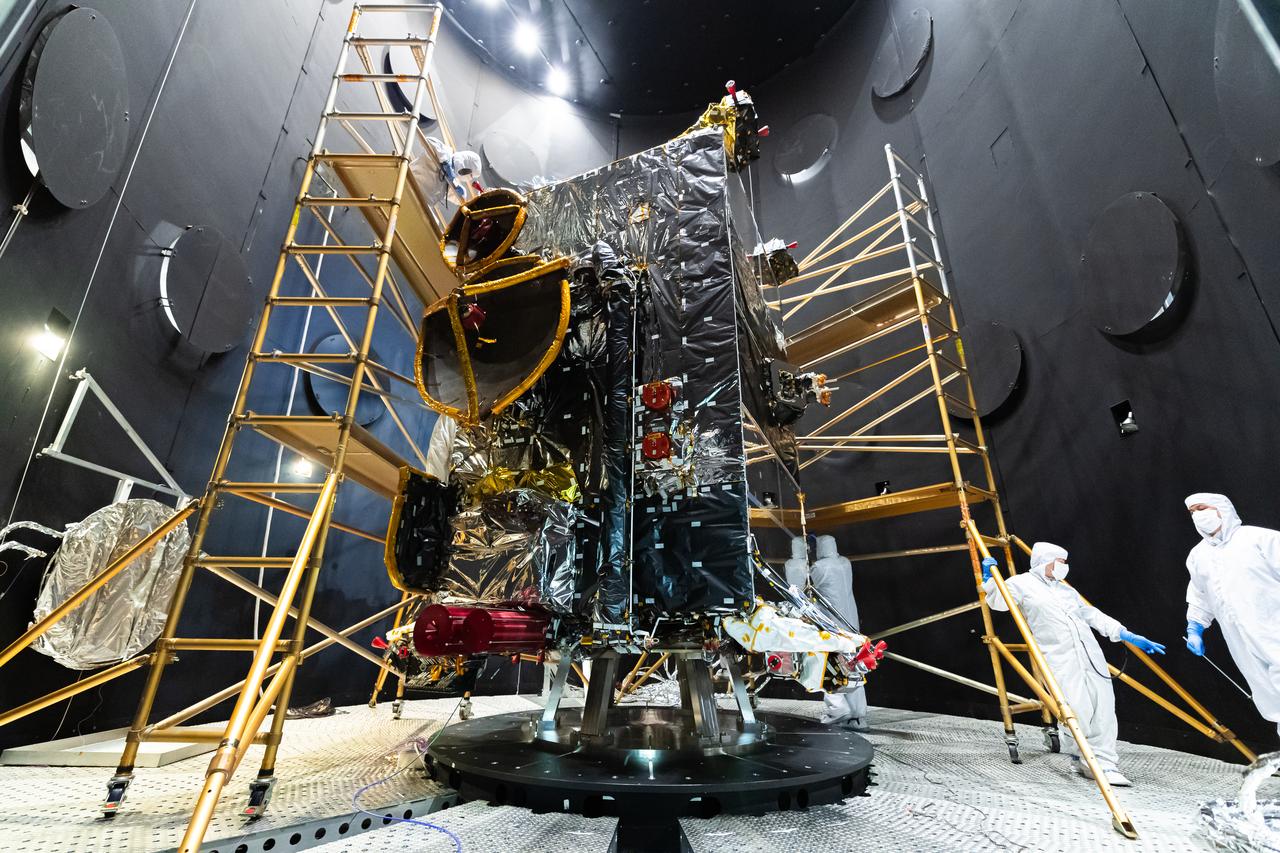 A view of the OSAM-1 spacecraft bus inside the thermal vacuum chamber at Goddard Space Flight Center, Greenbelt Md., Dec 1, 2023. This photo has been reviewed by Maxar, OSAM1 project management, and the Export Control Office and is released for public view. NASA/Mike Guinto