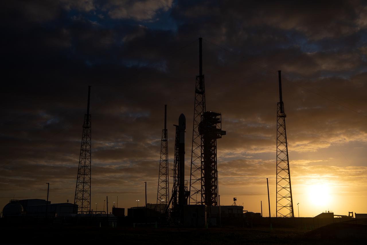 A SpaceX Falcon 9 rocket with NASA’s PACE (Plankton, Aerosol, Cloud, ocean Ecosystem) spacecraft stands vertical at Space Launch Complex 40 at Cape Canaveral Space Force Station in Florida on Monday, Feb. 5, 2024. PACE is NASA’s newest earth-observing satellite that will help increase our understanding of Earth’s oceans, atmosphere, and climate by delivering hyperspectral observations of microscopic marine organisms called phytoplankton as well new data on clouds and aerosols. Liftoff of the PACE mission is set for no earlier than 1:33 a.m. EST on Wednesday, Feb. 7, 2024.