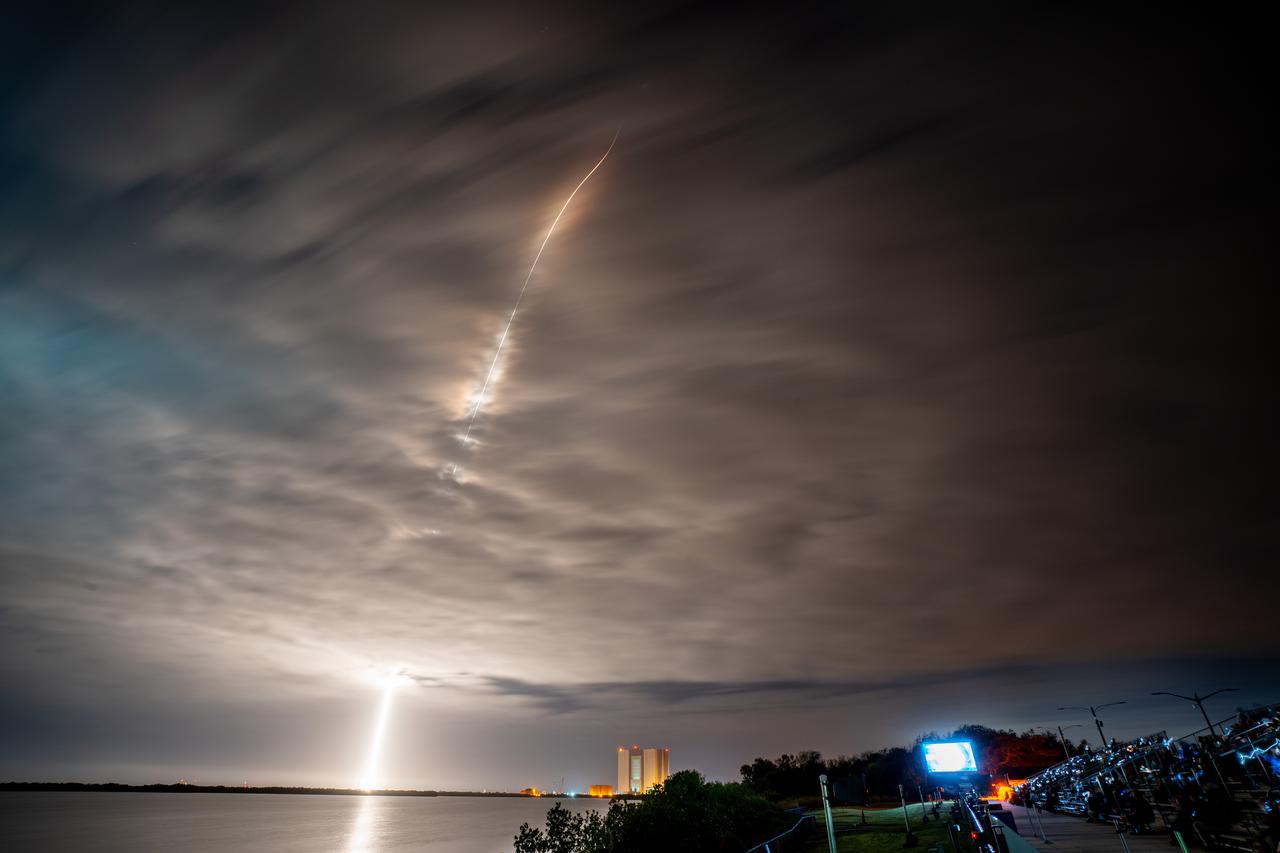 NASA’s PACE (Plankton, Aerosol, Cloud, ocean Ecosystem) spacecraft is seen in this long exposure photograph as it launched atop a SpaceX Falcon 9 rocket from Space Launch Complex 40 at Cape Canaveral Space Force Station in Florida at 1:33 a.m. EST Thursday, Feb. 8. PACE is NASA’s newest earth-observing satellite that will help increase our understanding of Earth’s oceans, atmosphere, and climate by delivering hyperspectral observations of microscopic marine organisms called phytoplankton, as well new data on clouds and aerosols.