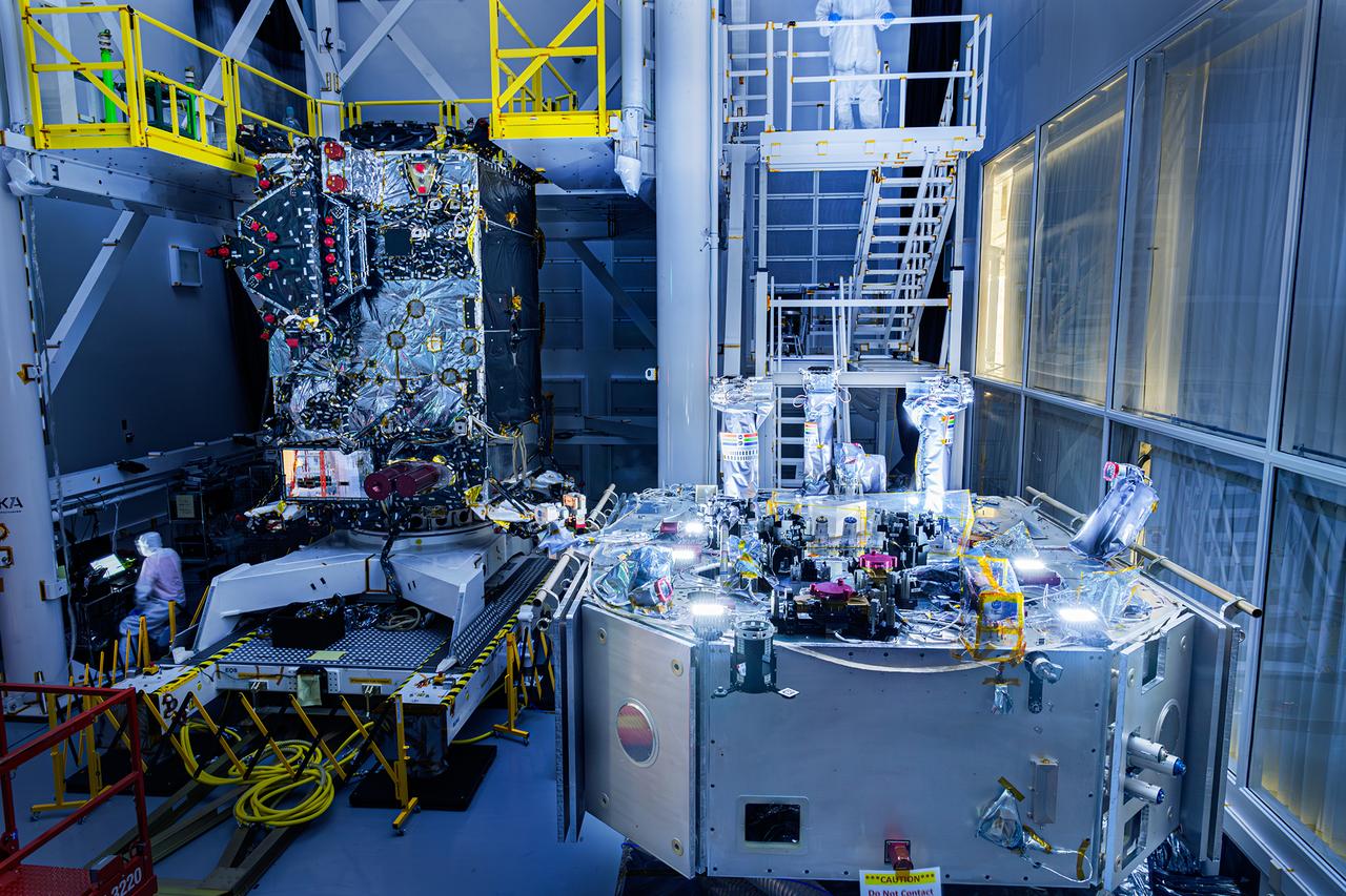 The OSAM-1 Servicing Payload Integration team tests the mounted floodlights at Goddard Space Flight Center, Greenbelt Md., Apr 17, 2024. This photo has been reviewed by Maxar, OSAM1 project management, and the Export Control Office and is released for public view. NASA/Mike Guinto