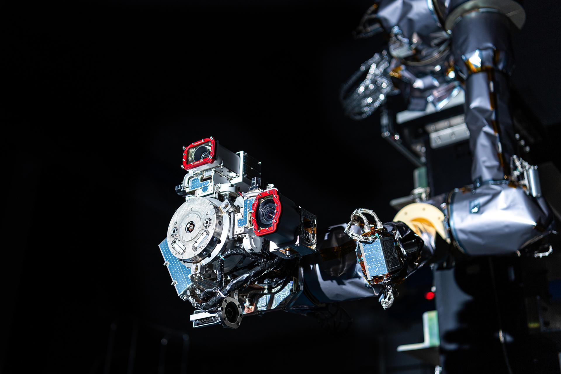 One of the OSAM-1 Robot Arms is seen, mounted onto ground support equipment used for testing inside the cleanroom at Goddard Space Flight Center, Greenbelt Md., Apr 17, 2024. This photo has been reviewed by Maxar, OSAM1 project management, and the Export Control Office and is released for public view. NASA/Mike Guinto