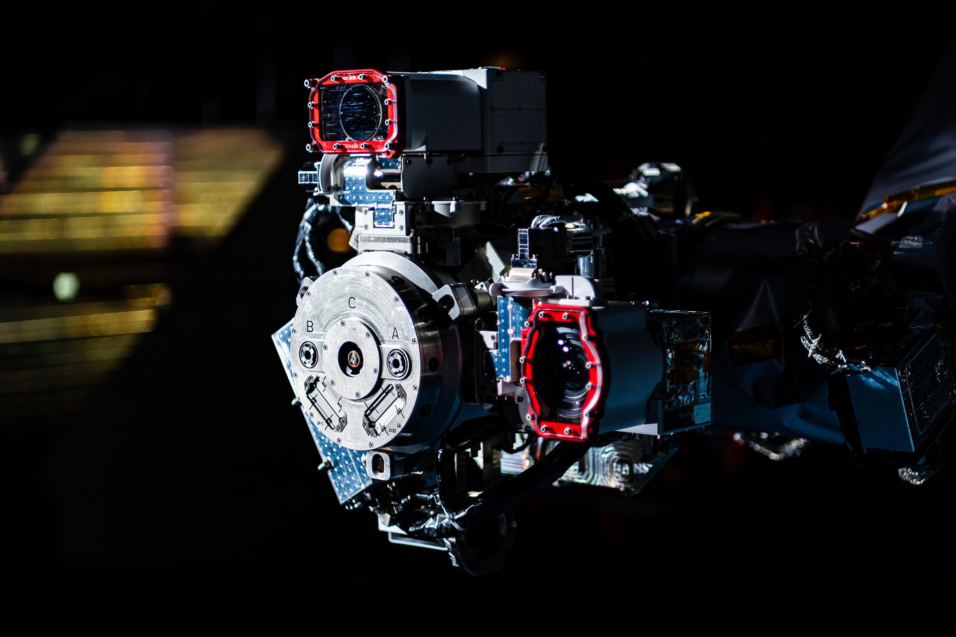 One of the OSAM-1 Robot Arms is seen, mounted onto ground support equipment used for testing inside the cleanroom at Goddard Space Flight Center, Greenbelt Md., Apr 17, 2024. This photo has been reviewed by Maxar, OSAM1 project management, and the Export Control Office and is released for public view. NASA/Mike Guinto