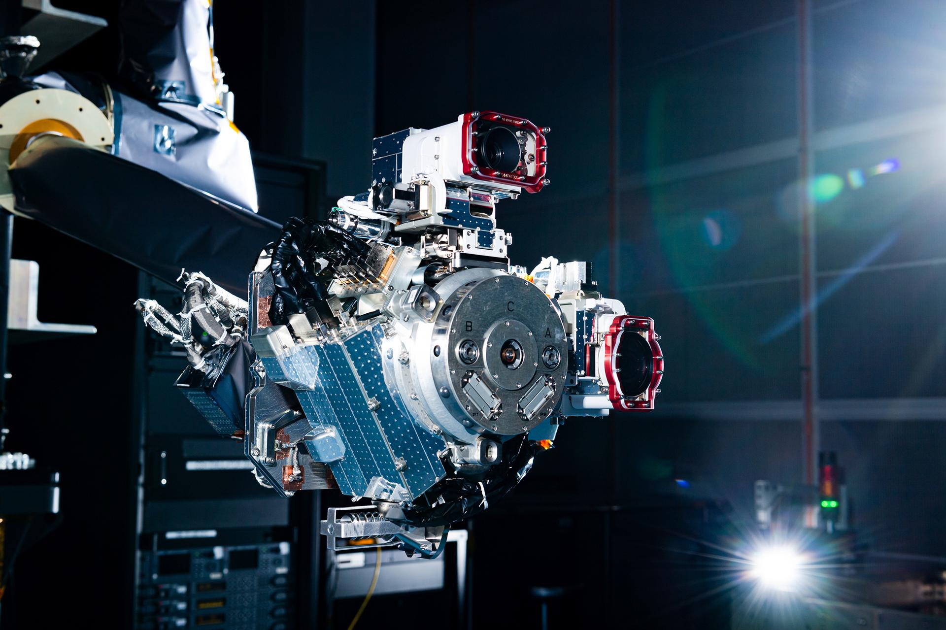 One of the OSAM-1 Robot Arms is seen, mounted onto ground support equipment used for testing inside the cleanroom at Goddard Space Flight Center, Greenbelt Md., Apr 17, 2024. This photo has been reviewed by Maxar, OSAM1 project management, and the Export Control Office and is released for public view. NASA/Mike Guinto 