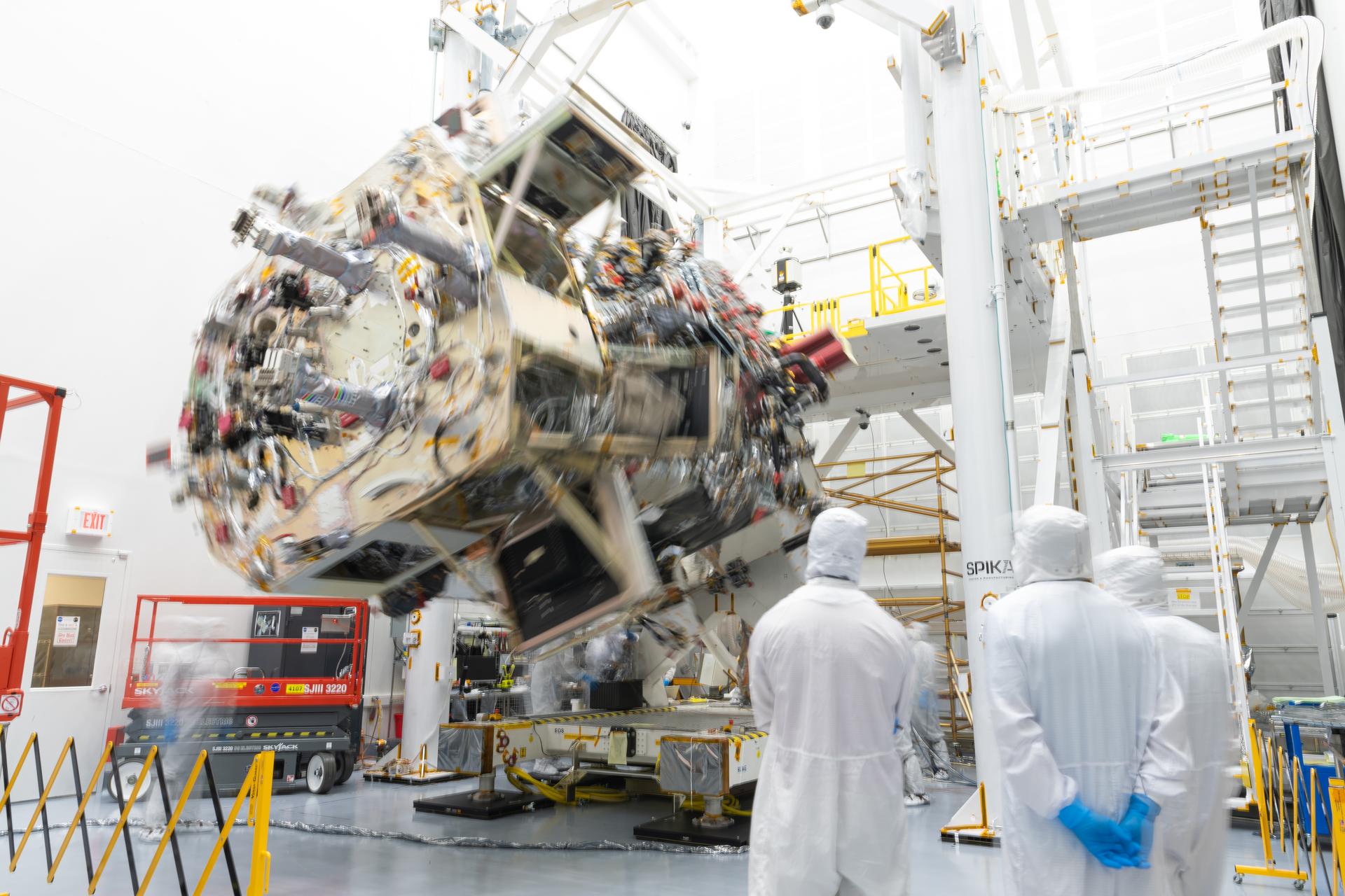 The OSAM-1 Spacecraft is rotated while in the horizontal position inside the cleanroom at Goddard Space Flight Center, Greenbelt Md., July 29, 2024.  This photo has been reviewed by the Export Control Office, project Management, and Maxar release authority and is released for public view. NASA/Mike Guinto