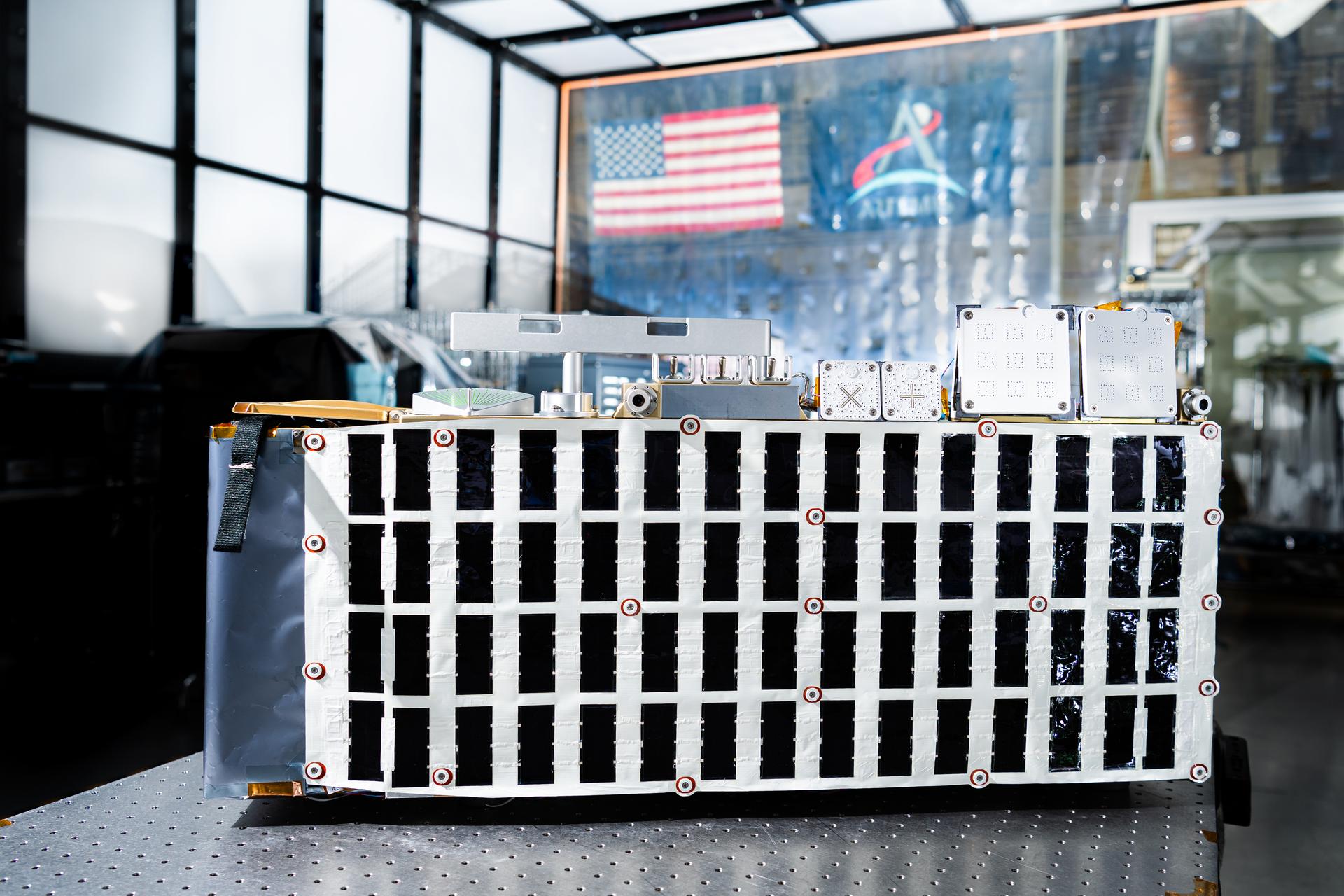 A detail view of the Lunar Environment Monitoring Station, (LEMS) inside the cleanroom at Goddard Space Flight Center, Greenbelt Md., Jan 30, 2026. The Lunar Environment Monitoring Station for Artemis (LEMS) is a compact, autonomous, and self-sustaining seismometer suite designed to carry out continuous, long-term, monitoring of the lunar seismic environment at the South Polar region. Photo Credit: NASA/Mike Guinto