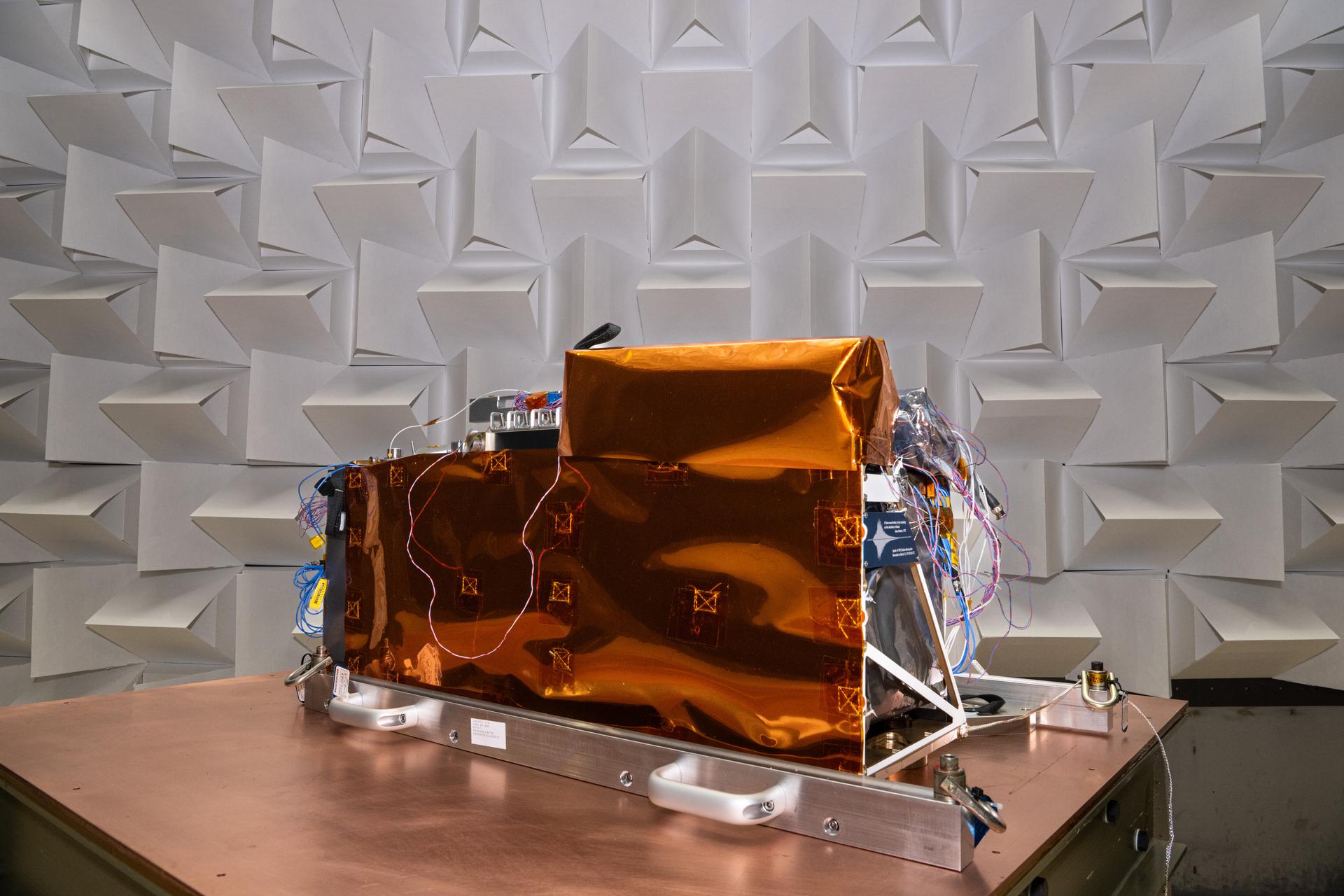 The Lunar Environment Monitoring Station (LEMS) in Electromagnetic Interference/Electromagnetic Compatibility (EMI/EMC) Chamber at Goddard Space Flight Center, Greenbelt Md., Feb 11, 2026. LEMS is a compact, autonomous, and self-sustaining seismometer suite designed to carry out continuous, long-term, monitoring of the lunar seismic environment at the South Polar region. Photo Credit: NASA/Denny Henry