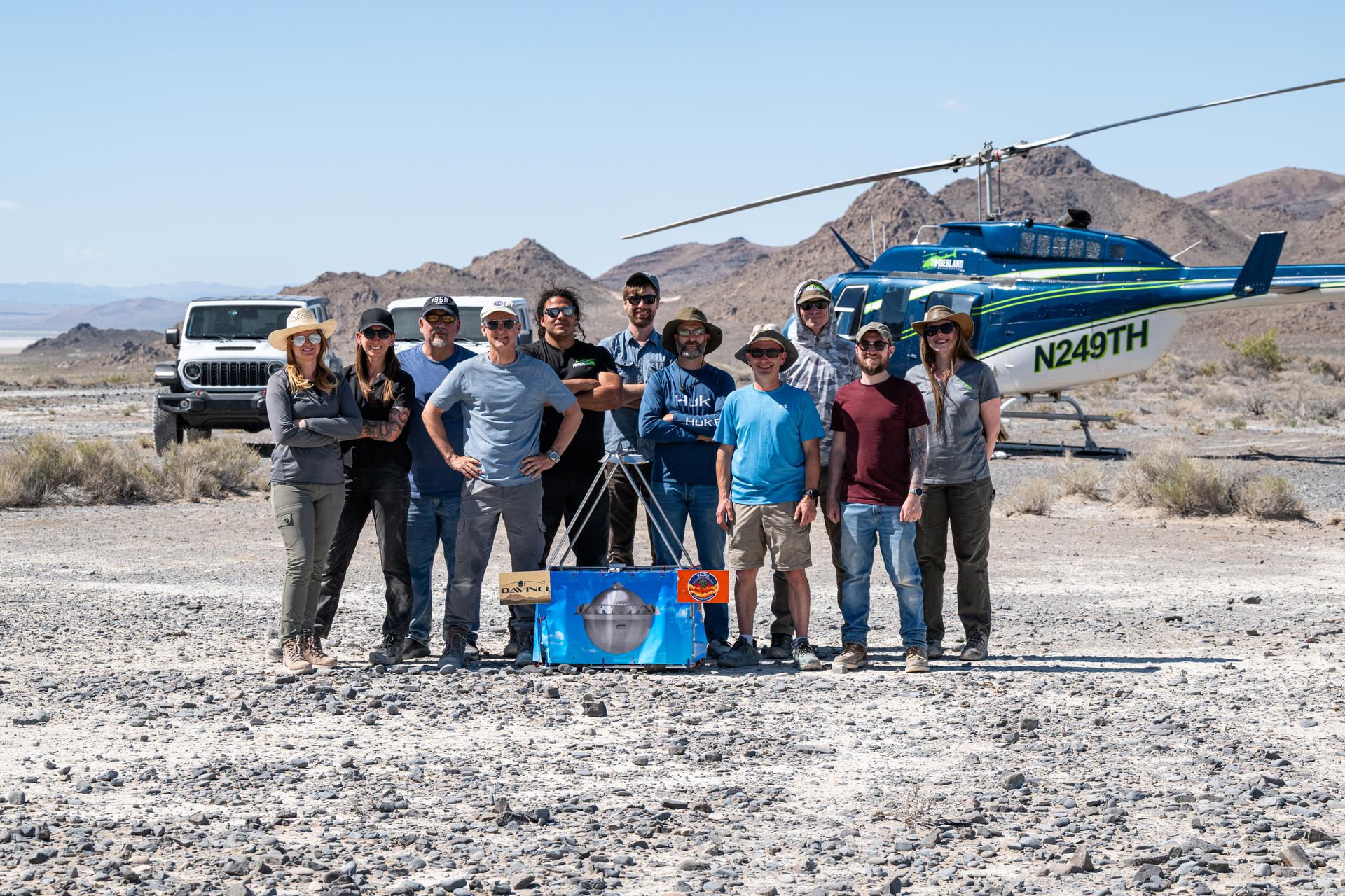 The DAVINCI VADIX dress rehearsal team poses for a group photo at Crater Island, June 4, 2026. From left to right, Erika Kohler, Terra Hardwick, Mike Vitulio, Brent Bos, Will Rivera, Christian Tate, Ben Schumacher, Phil Coulter, Joe Turner, Mike Guinto, Hailey. NASA/MIke Guinto