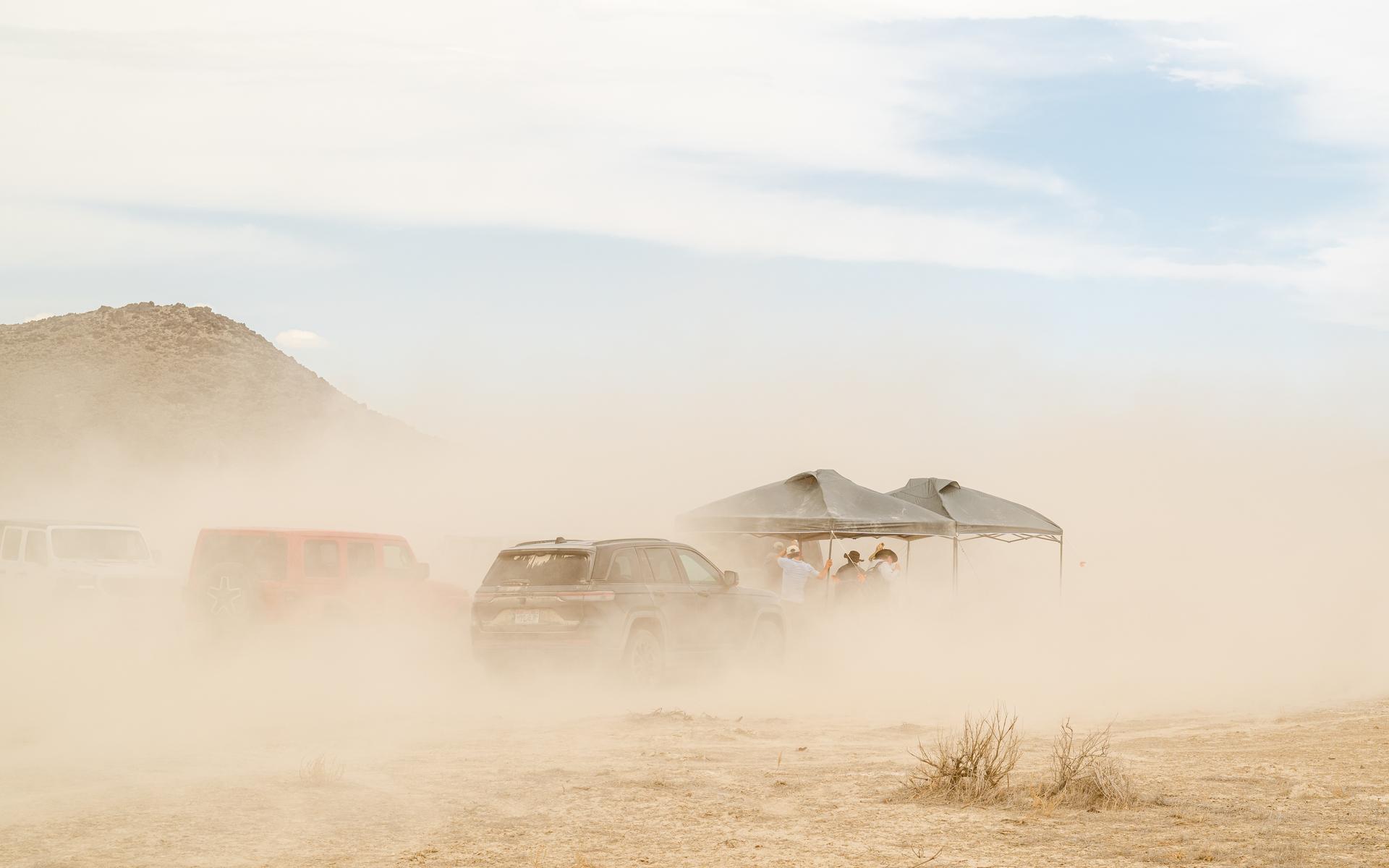 A strong wind kicks up a lot of dirt around the DAVINCI VADIX basecamp at Crater Island, Utah, June 24, 2026. This area was the site of a series of tests (June 23-25, 2026) of the camera system that will one day fly aboard NASA’s DAVINCI mission to Venus. NASA/Mike Guinto