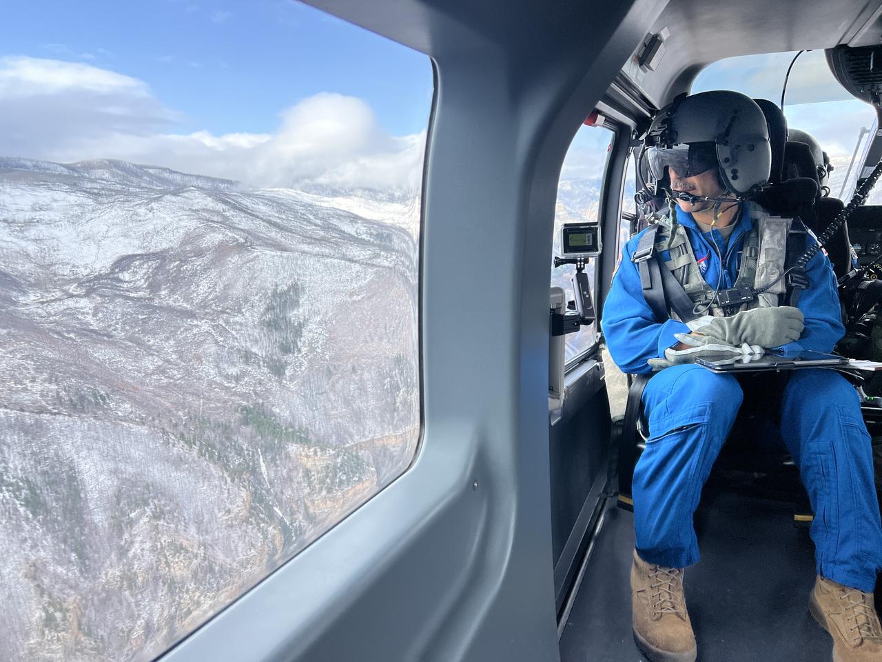 These photos and videos show NASA astronauts Bob Hines and Raja Chari practicing landing procedures in the Rocky Mounts of Colorado in April 2025. The astronauts were participating in a NASA-specific course at the HAATS (High-Altitude Army National Guard Aviation Training Site) in Gypsum, Colorado. NASA and the Colorado Army National Guard are using military helicopters to develop a foundational lunar lander simulated flight training course to help astronauts practice flight and landing procedures for the Moon. For more information, contact NASA Marshall’s Office of Communications at 256-544-0034.