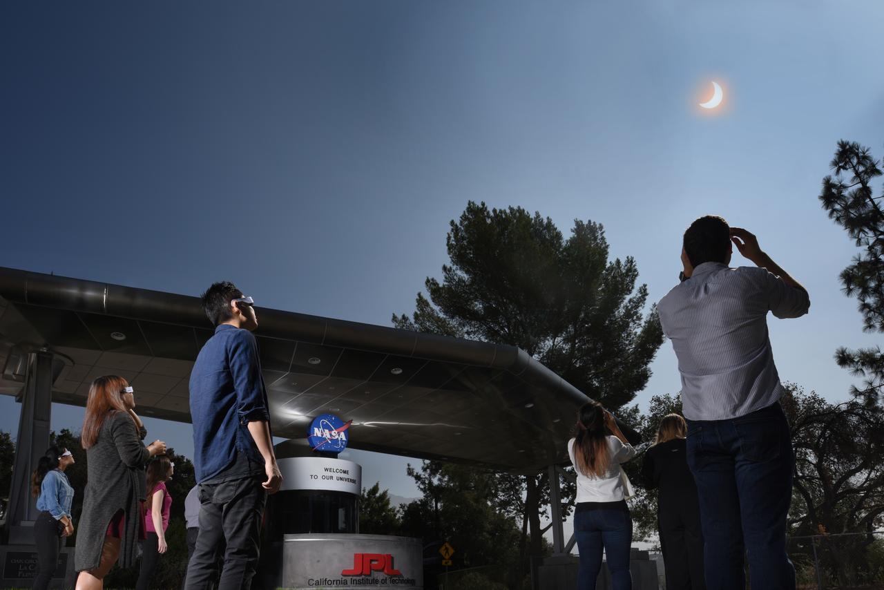 Employees and visitors to JPL stopped to watch the 2017 solar eclipse.