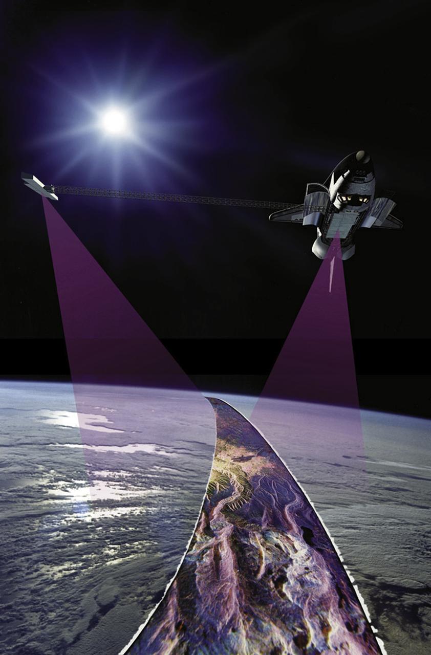 JSC2000E01556 (January 2000) --- With its C-band and X-band outboard antennae at work, the Earth-orbiting Space Shuttle Endeavour maps topography of Earth, some 145 miles (233 kilometers) below. SRTM radar, with its long wavelength, will be able to penetrate clouds as well as providing its own illumination, making it independent of daylight. (Note: A combination of art, radar imagery and Earth-orbital imagery from past NASA missions was used to create this scene)