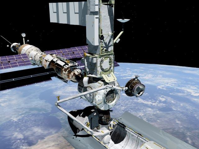 JSC2001-E-00357 (January 2001) --- Artist's rendering of Space Shuttle Atlantis (STS-98) docked with International Space Station (ISS) during 5A.  Remote Manipulator System (RMS) has removed the Pressurized Mating Adapter (PMA) from Unity.  U.S. Laboratory Destiny is partially visible (lower right) in shuttle cargo bay.