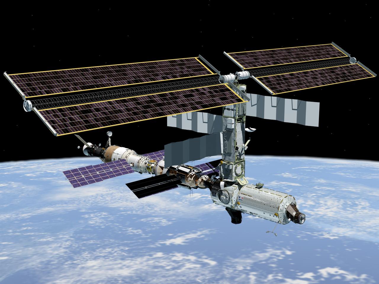 JSC2001-E-00360 (January 2001) --- Artist's rendering of the International Space Station (ISS) following the undocking of the Space Shuttle Atlantis, representing the completion of 5A.  Note new position of U.S. Laboratory Destiny.