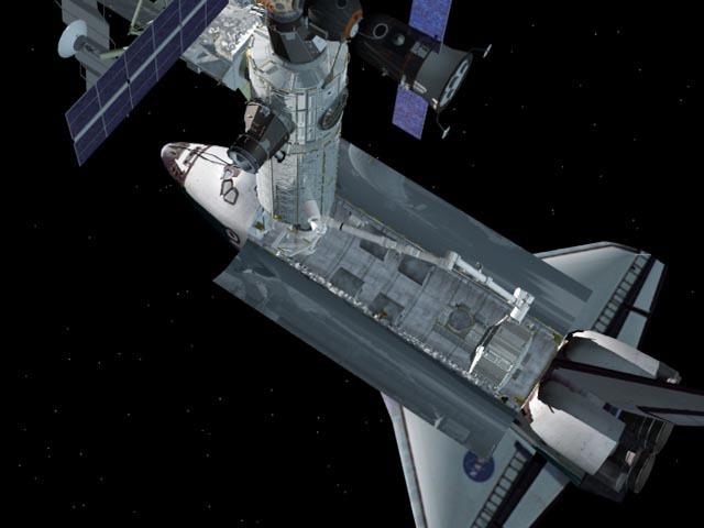JSC2001-E-19790 (July 2001) --- A computer-generated representation showing the Space Station Remote Manipulator System (SSRMS) lifting the  Quest Airlock out of the payload bay of the Space Shuttle Atlantis during the STS-104 mission.