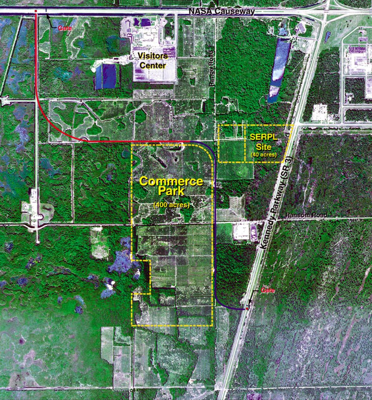 This diagram shows the planned locations of the Space Experiment Research and Processing Laboratory (SERPL) and the Space Station Commerce Park at Kennedy Space Center. The SERPL is a planned 100,000-square-foot laboratory that will provide expanded and upgraded facilities for hosting International Space Station experiment processing. In addition, it will provide better support for other biological and life sciences payload processing at KSC. It will serve as a magnet facility for the planned 400-acre Commerce Park.
